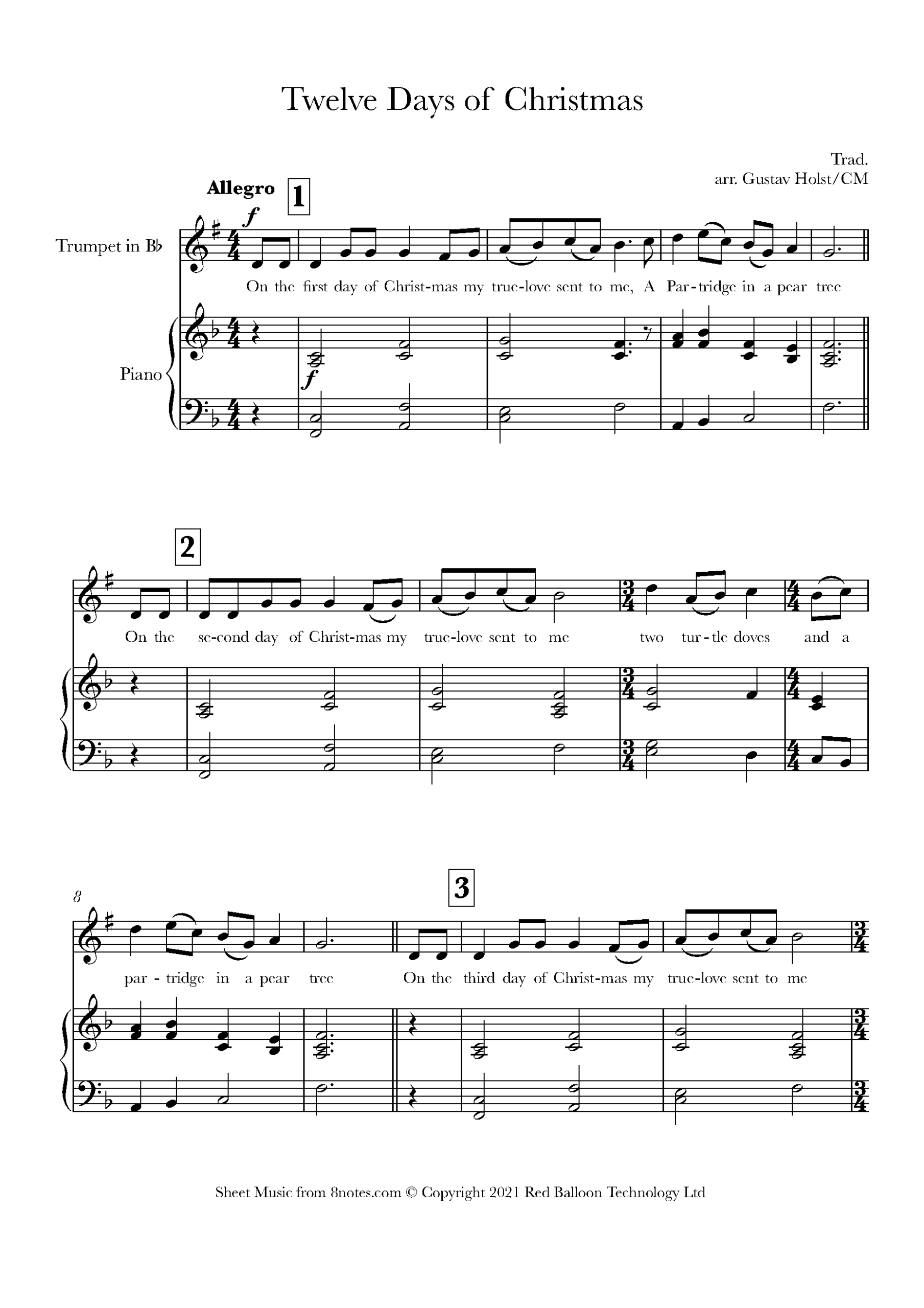 12 Days Of Christmas For Trumpet Free Sheet Music For Trumpet 8notes