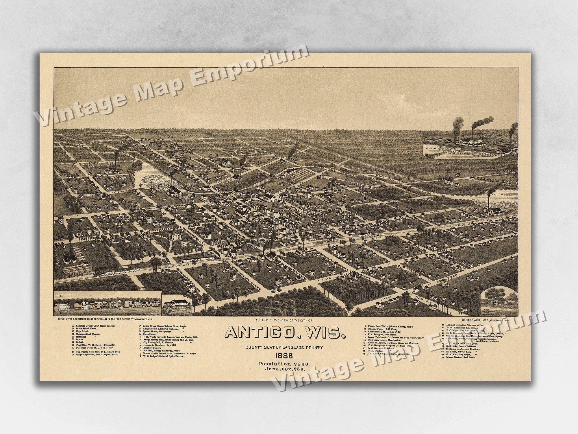 1886 Antigo Wisconsin Map Panoramic Old City Map Historic Birds Eye View Vintage Map Art Print Etsy