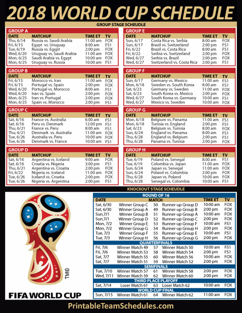World Cup Schedule Printable Pacific Time