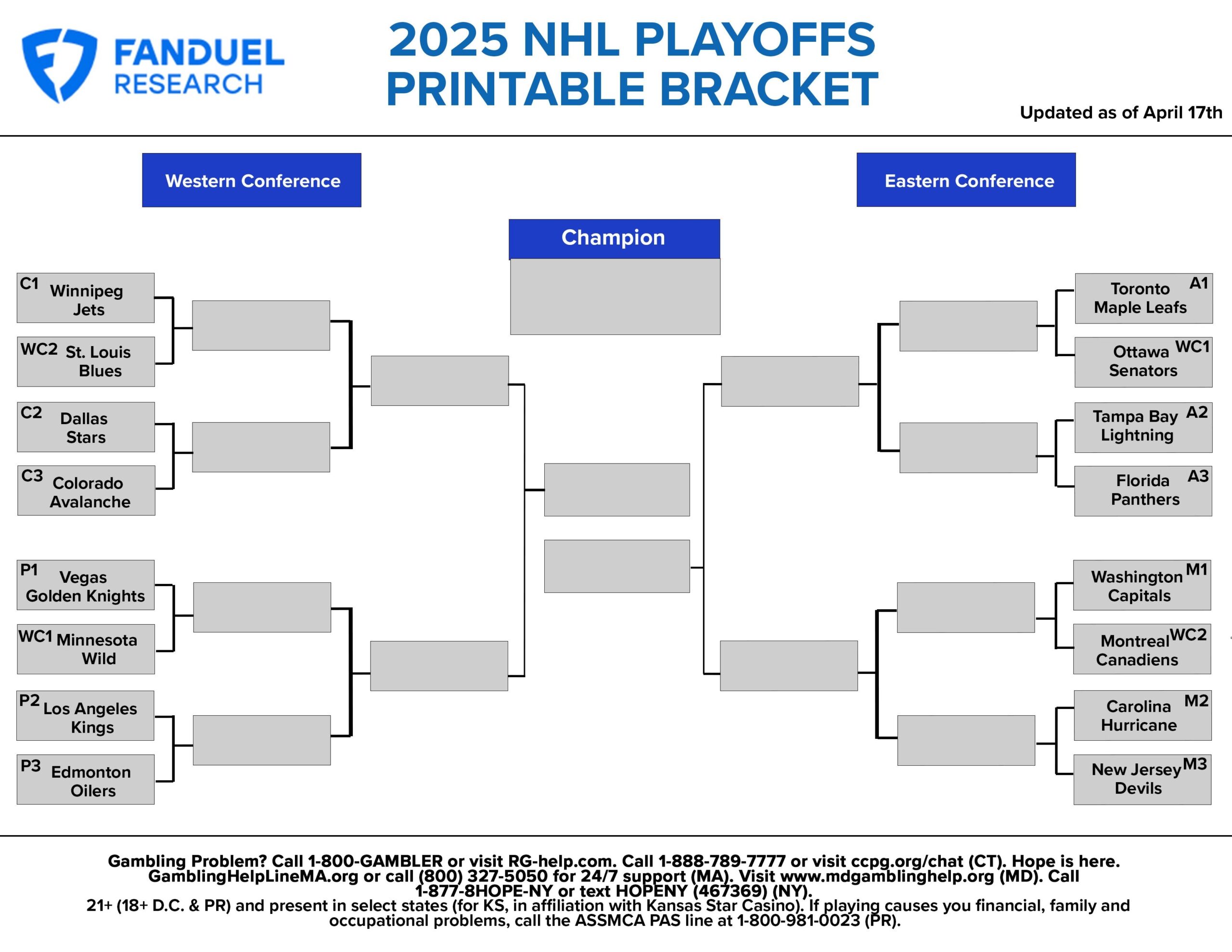 2025 NHL Playoffs Free Printable Bracket Schedule And Betting Odds FanDuel Research