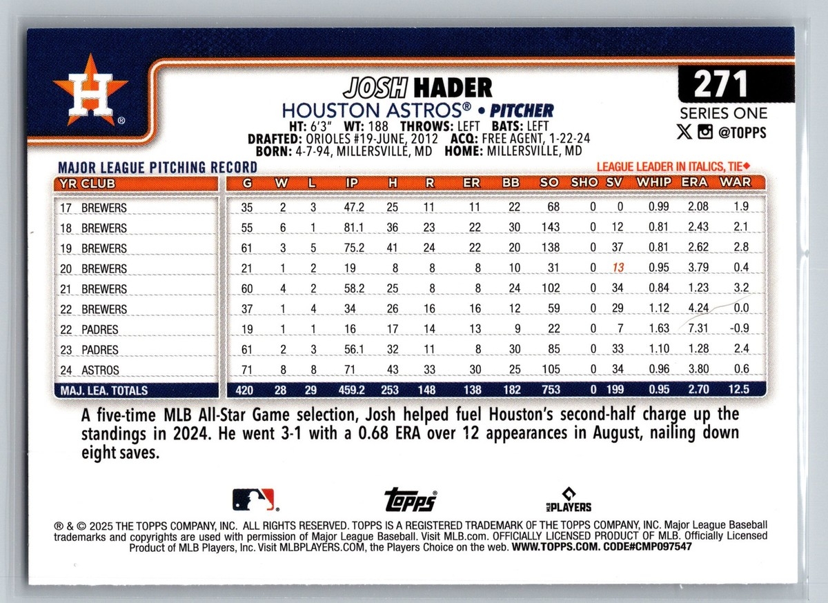 2025 Topps 271 Josh Hader Houston Astros EBay