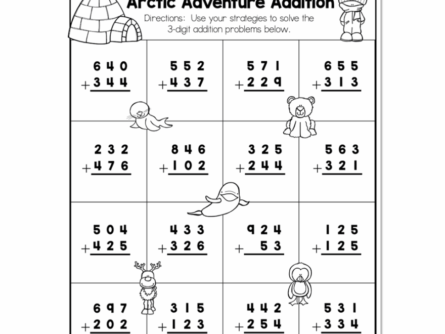 2nd Grade Math Worksheets 3 Digit Addition Without Regrouping Arctic Adventure Addition Lucky Little Learners