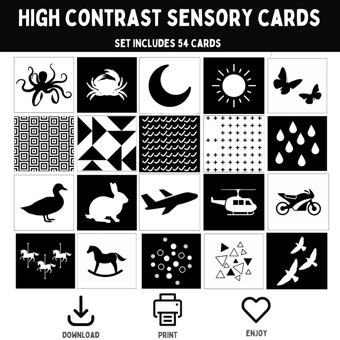 54 Printable Sensory Flashcards High contrast Newborn Cards Visual Stimulation Picture Cards For Newborn Black White Newborn Etsy