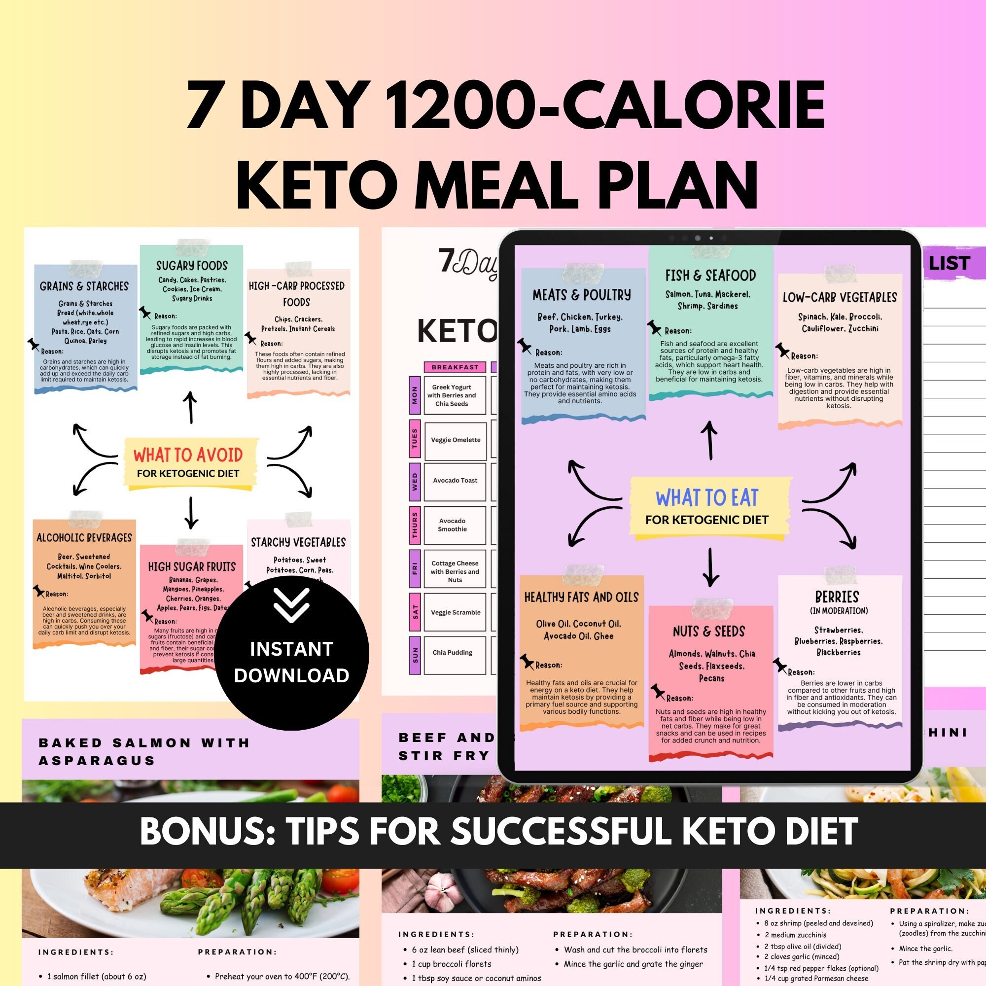 7 Day 1200 Calorie Keto Meal Plan Keto Diet Meal Plan PDF Low Carb List Keto Food List Weight Loss Keto Healthy Recipes Ketogenic Etsy