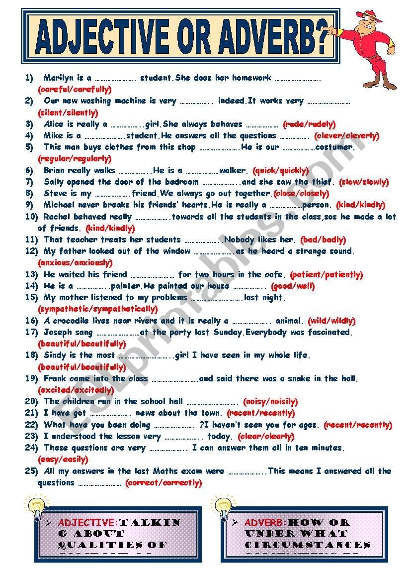 ADJECTIVE OR ADVERB ESL Worksheet By Memthefirst
