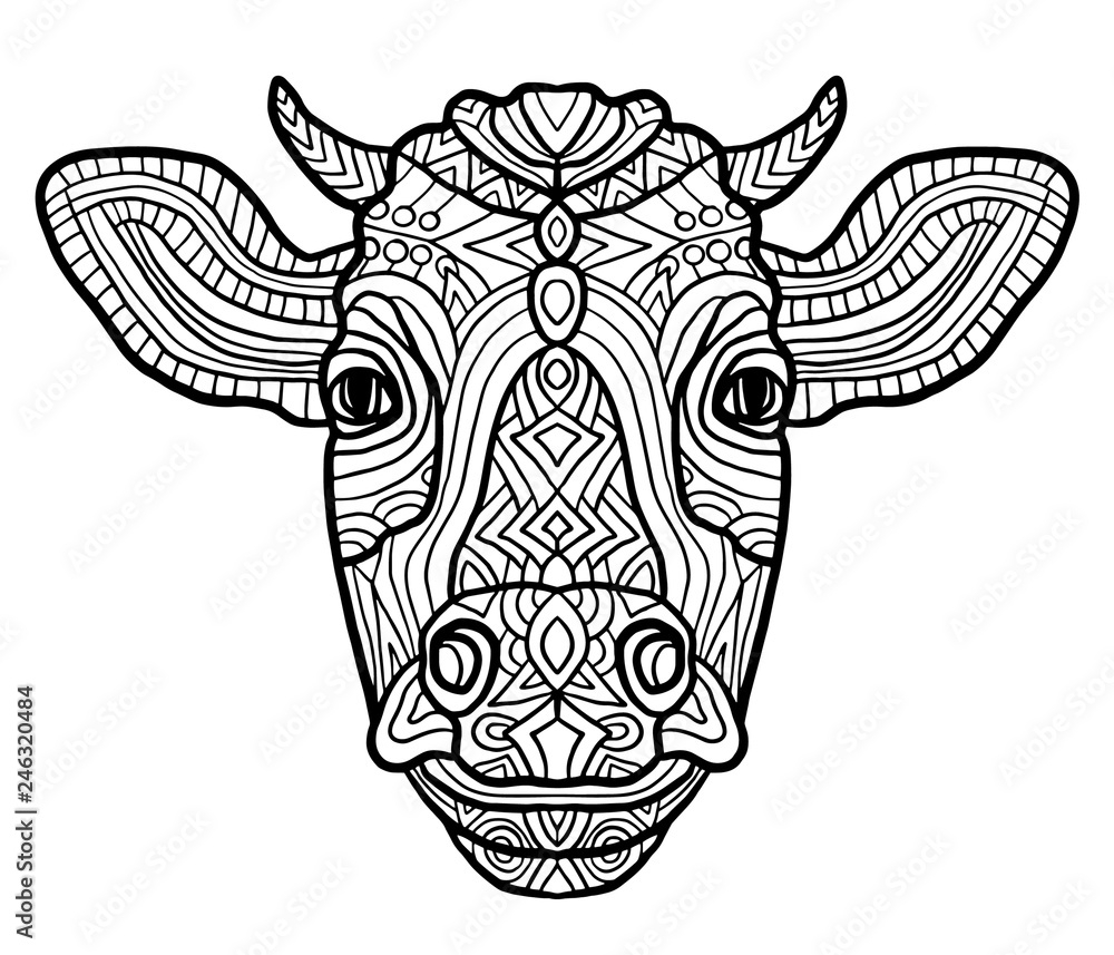 Adult Coloring Page Cow Zen Art Style Zoo Animal Ethnic Tribal African Print Suits As Tattoo Logo Template Decoration Coloring Book Sketch Collection Of Animals Stock Vector Adobe Stock