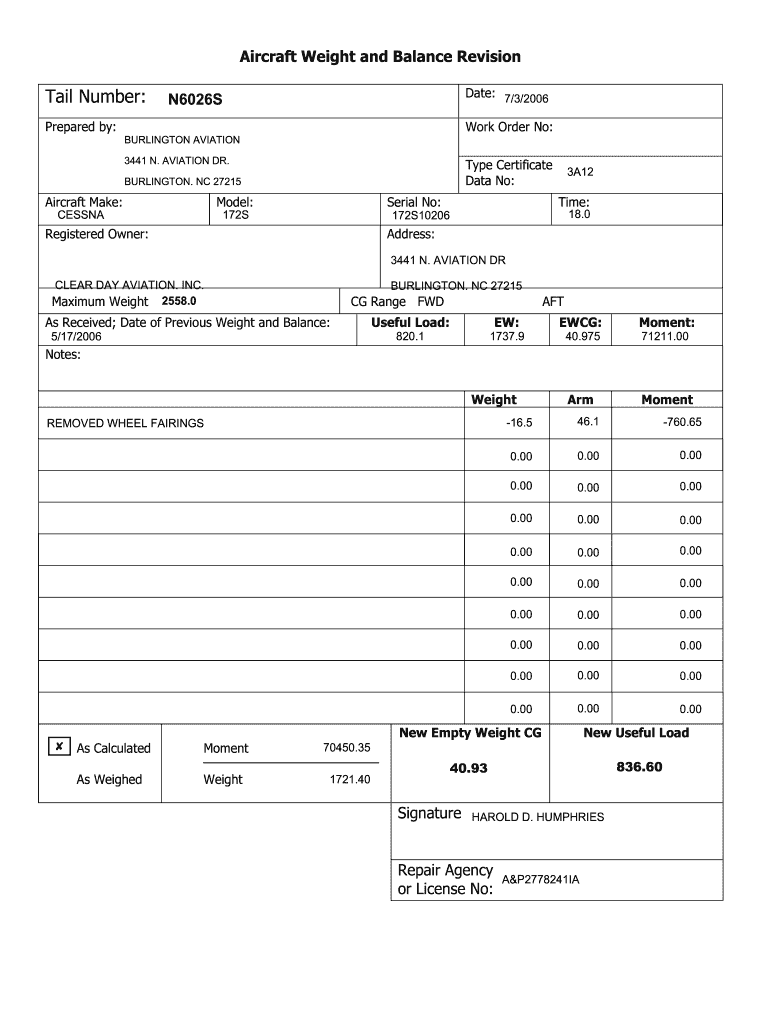 Aircraft Weight Balance Form Fill Online Printable Fillable Blank PdfFiller