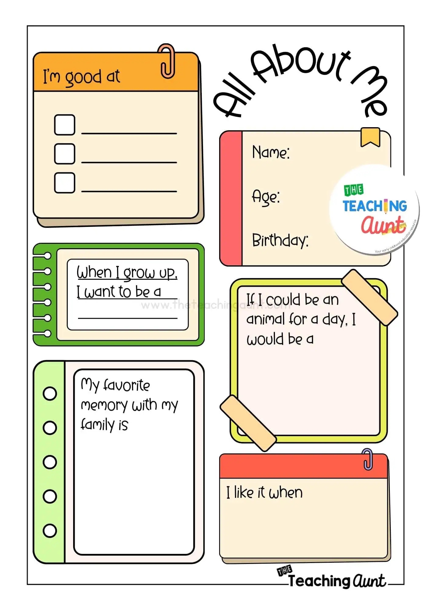 Kindergarten All About Me Printables