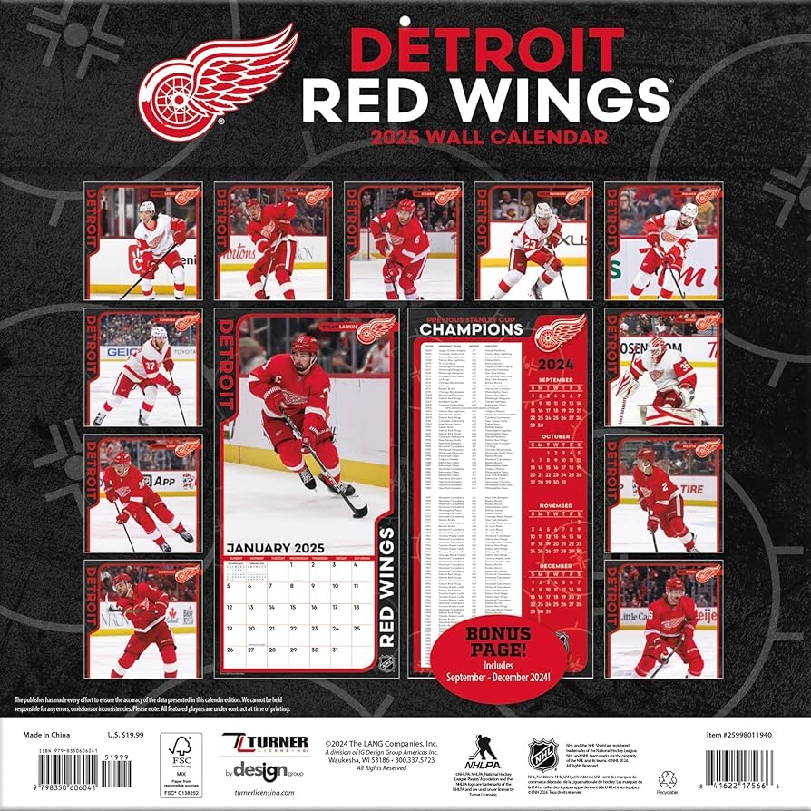 Amazon TURNER SPORTS Detroit Red Wings 2025 12x12 Team Wall Calendar 25998011940 Office Products