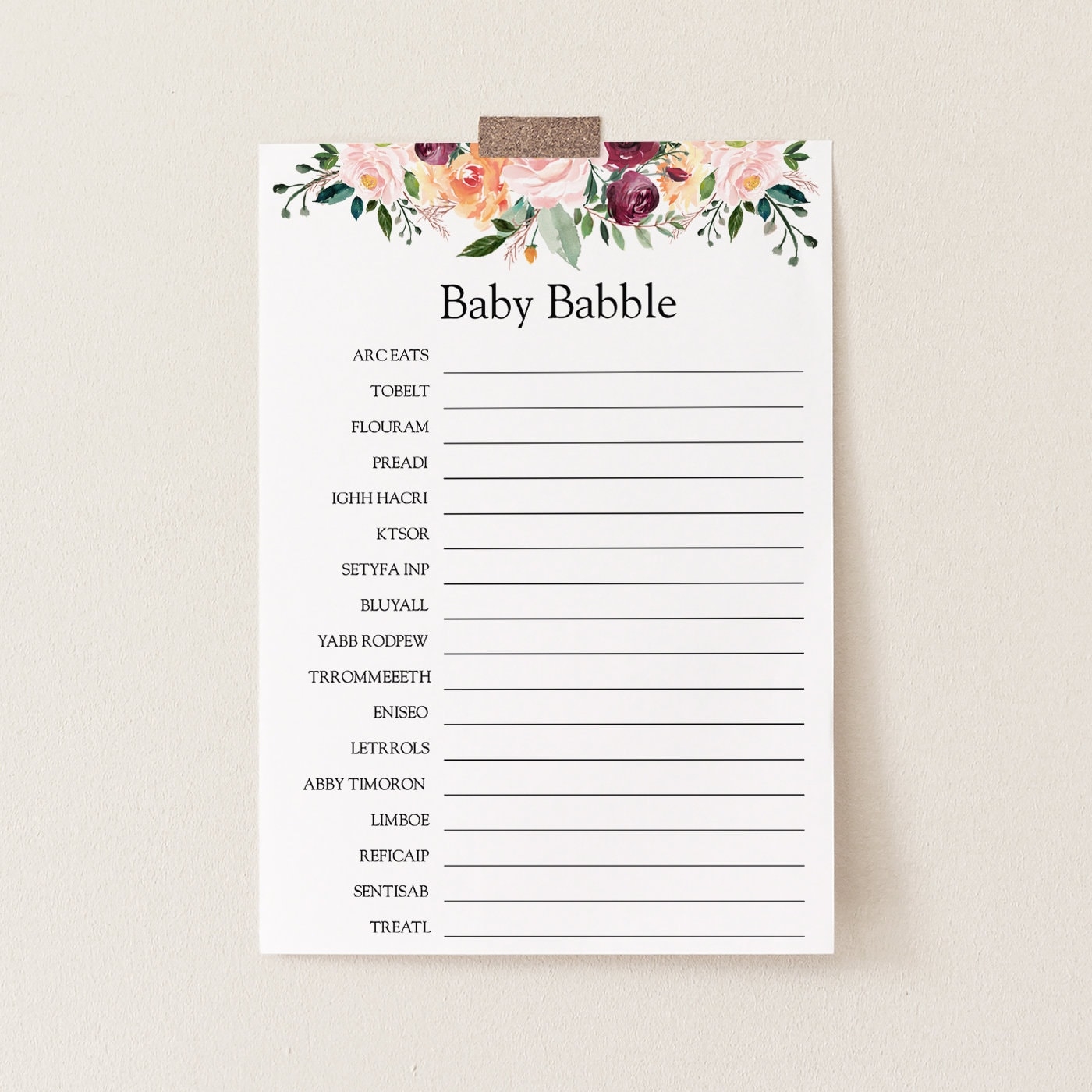 Baby Babble Scramble Baby Shower Game Printable Card Time For Tea Template Instant Download AP12 BBG Etsy