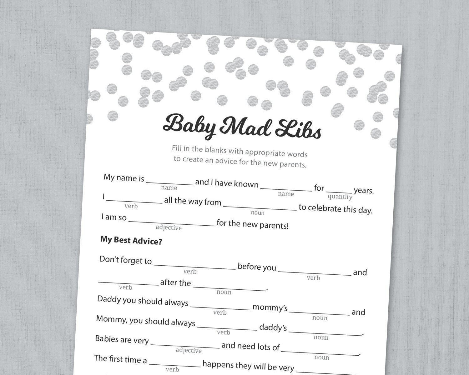 Baby Shower Mad Libs Printable Advice For The New Parents Grey Confetti Mad Libs Baby Shower Games Activities Instant Download B016 Etsy UK