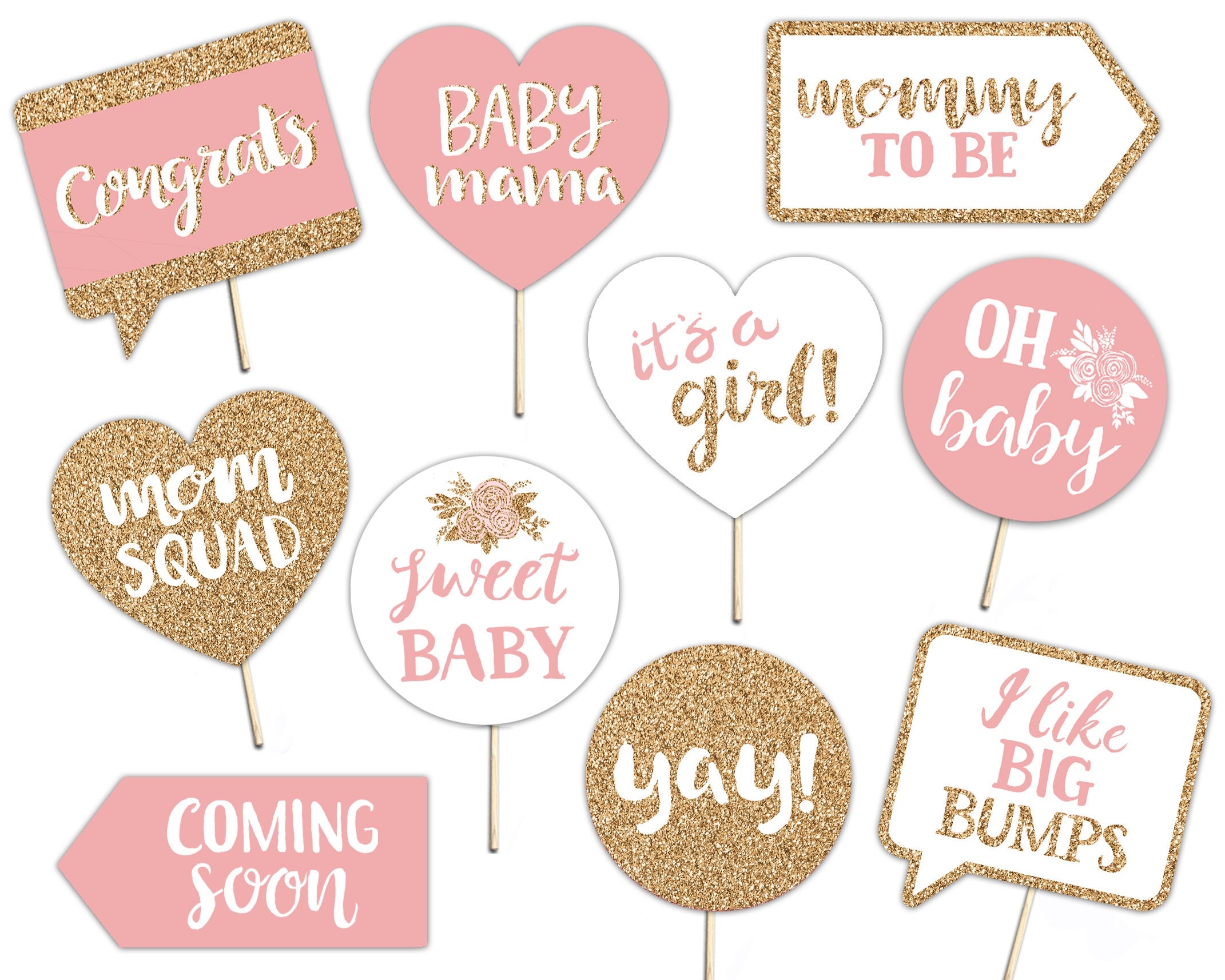 Baby Shower Printable Photo Booth Props Baby Girl Gold Pink And White 10 Hand Painted Signs Etsy