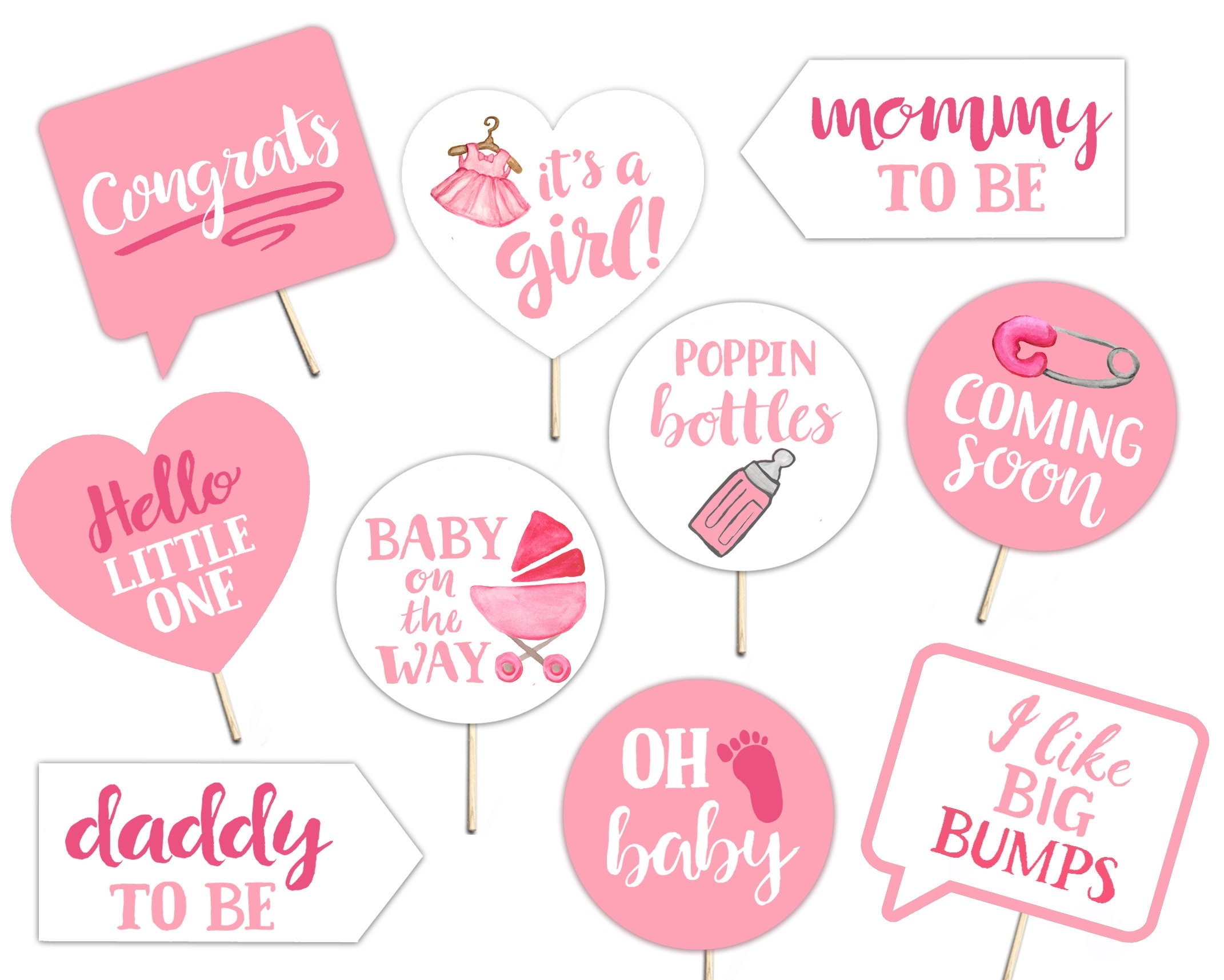 Baby Shower Printable Photo Booth Props Baby Girl Pink And White 10 Hand Painted Signs Pretty Sweet Cute Etsy