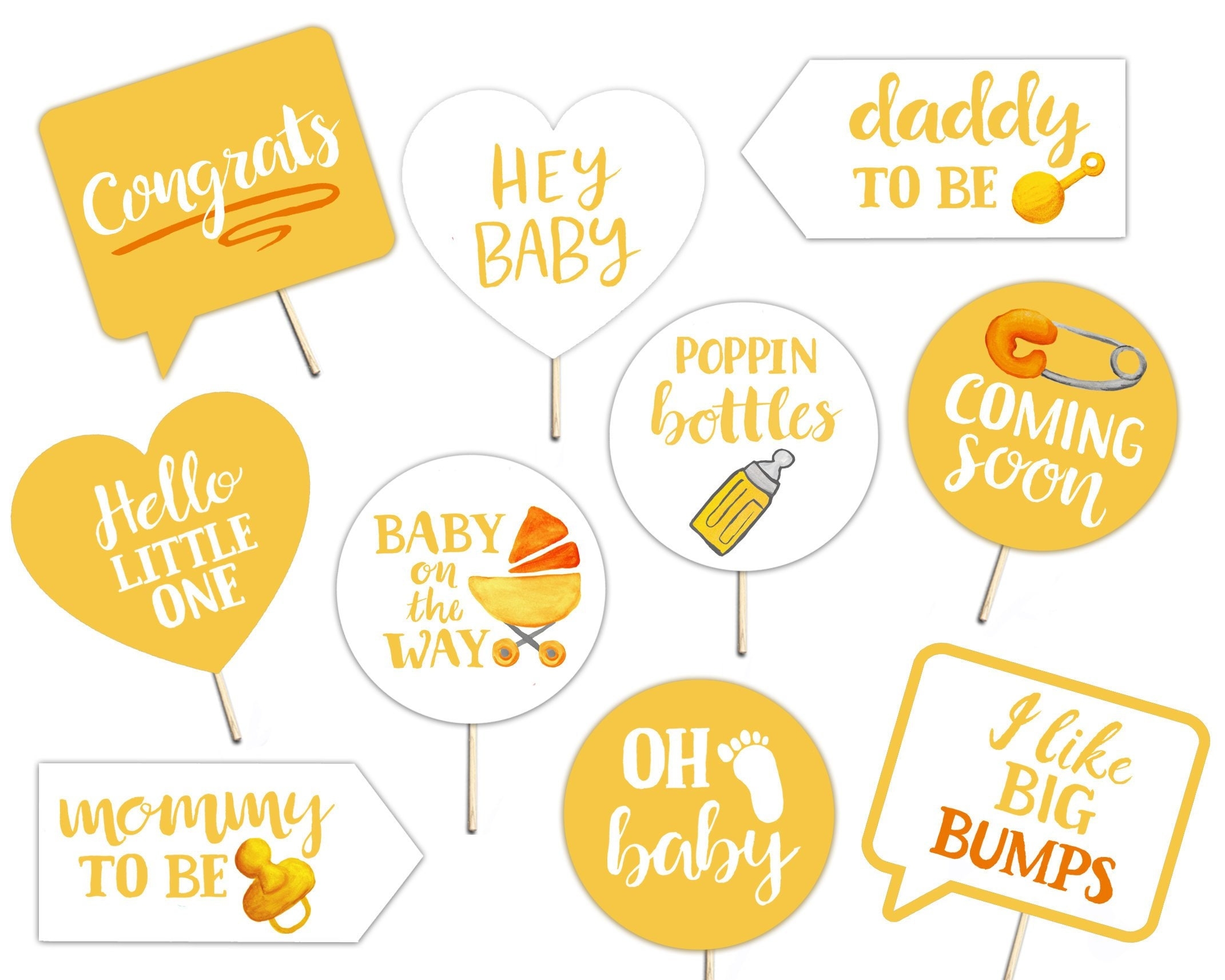 Baby Shower Printable Photo Booth Props Gender Neutral Yellow And White 10 Cute Hand Lettered Signs Etsy