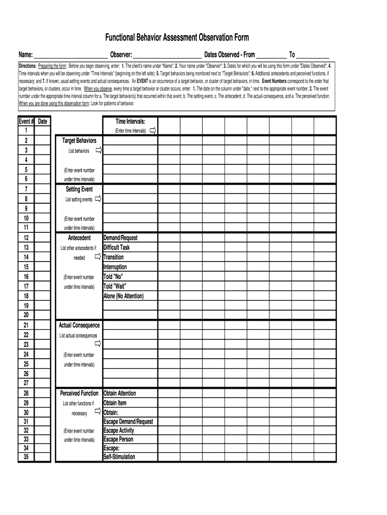 Printable Functional Assessment Observation Forms
