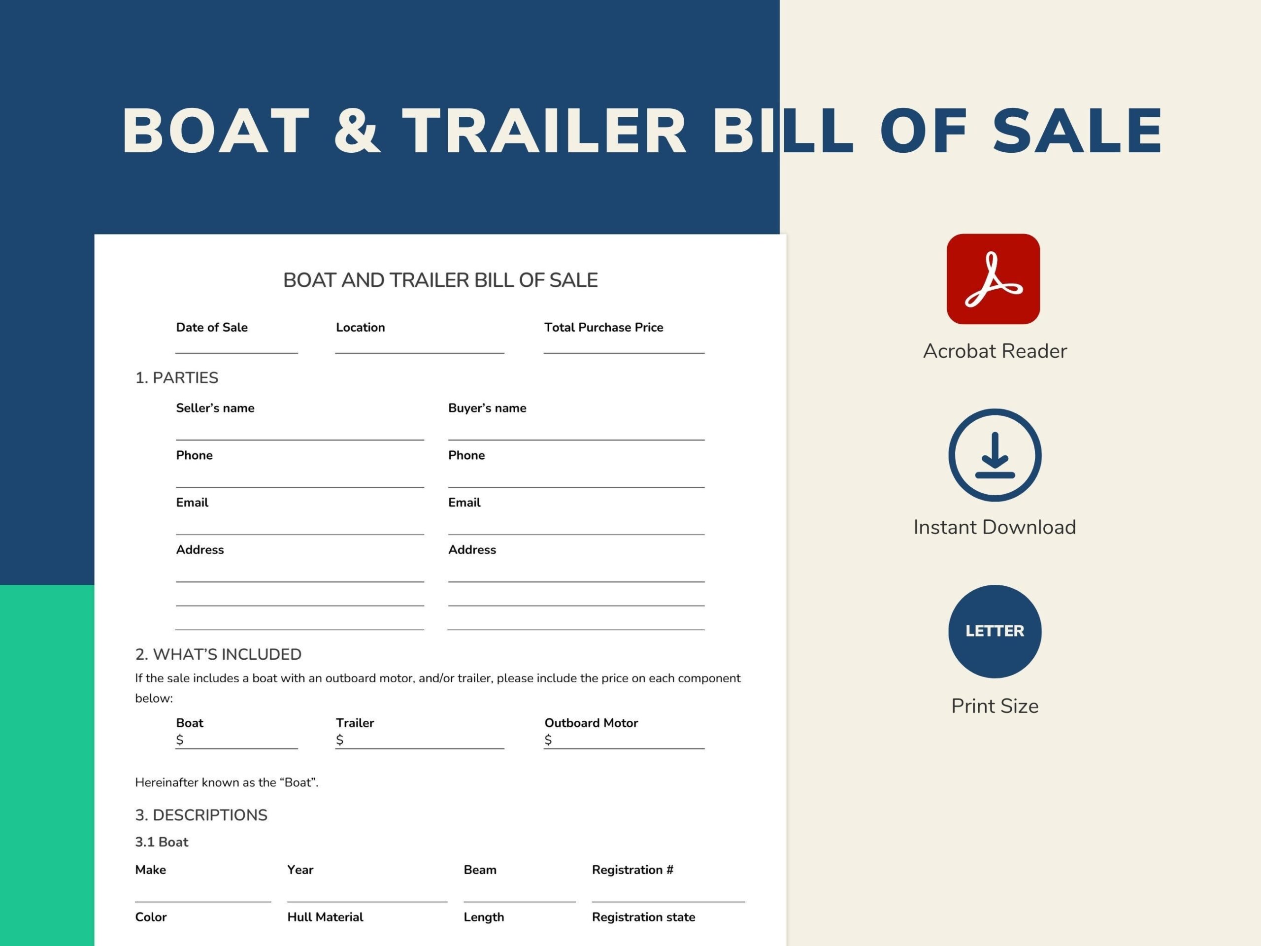 Bill Of Sale Boat And Trailer As Is Bill Of Sale Fillable And Printable 2 Pages Template Letter Size PDF Etsy