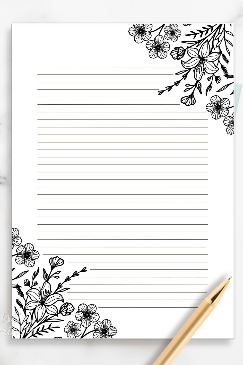 Black And White Floral Lined Paper Printable Stationery Paper Journal Paper Digital Download Stationary Paper Minimalist Penpal Letter Etsy Norway