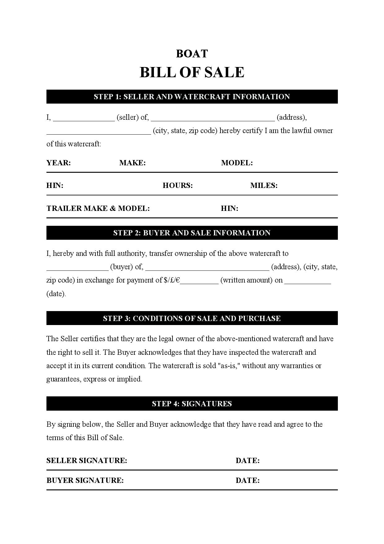 Boat Bill Of Sale Template Free Download Easy Legal Docs