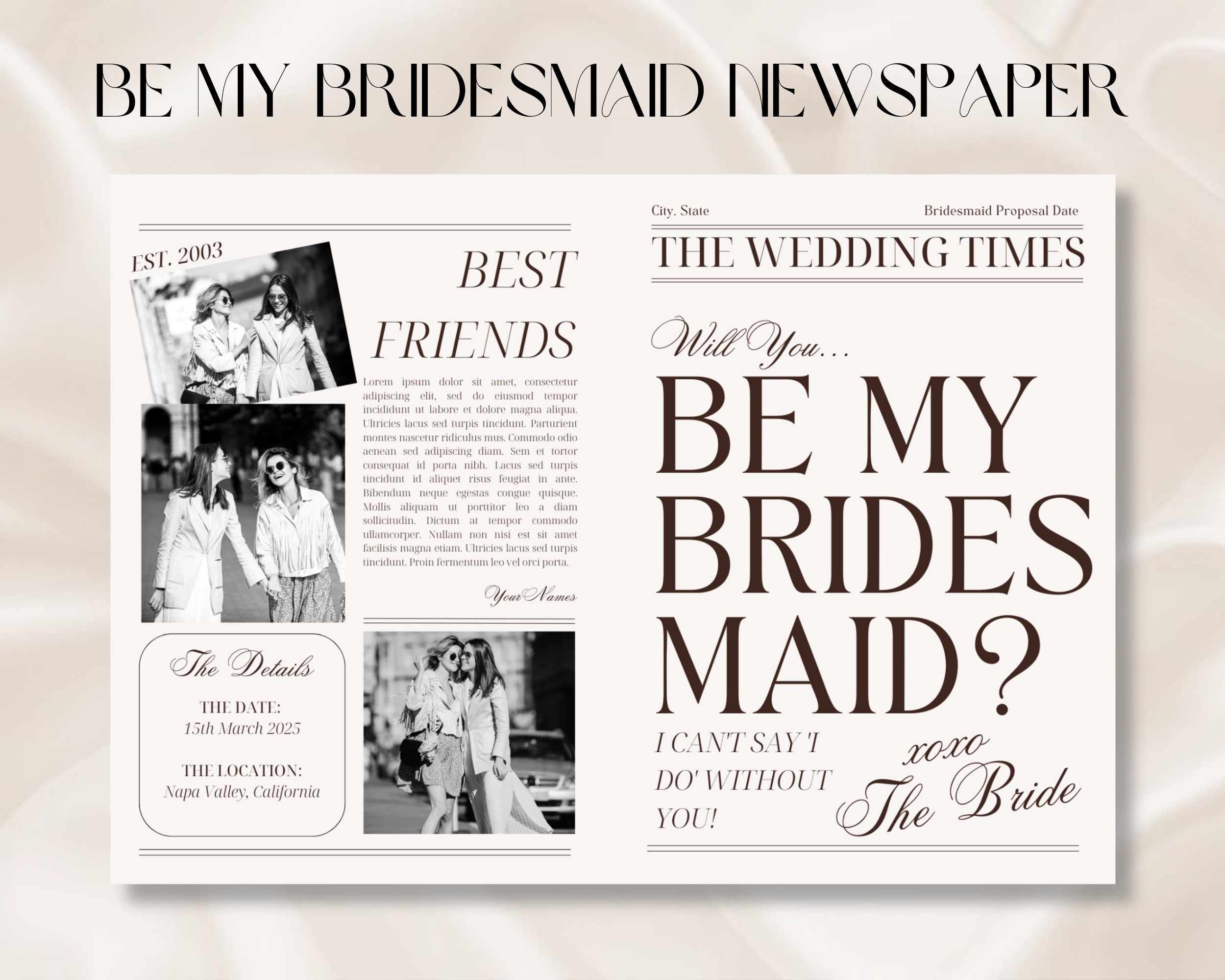 Bridesmaid Proposal Newspaper Editable Template Fun Bridesmaid Proposal Editable And Printable Canva Template Be My Bridesmaid Canva Etsy