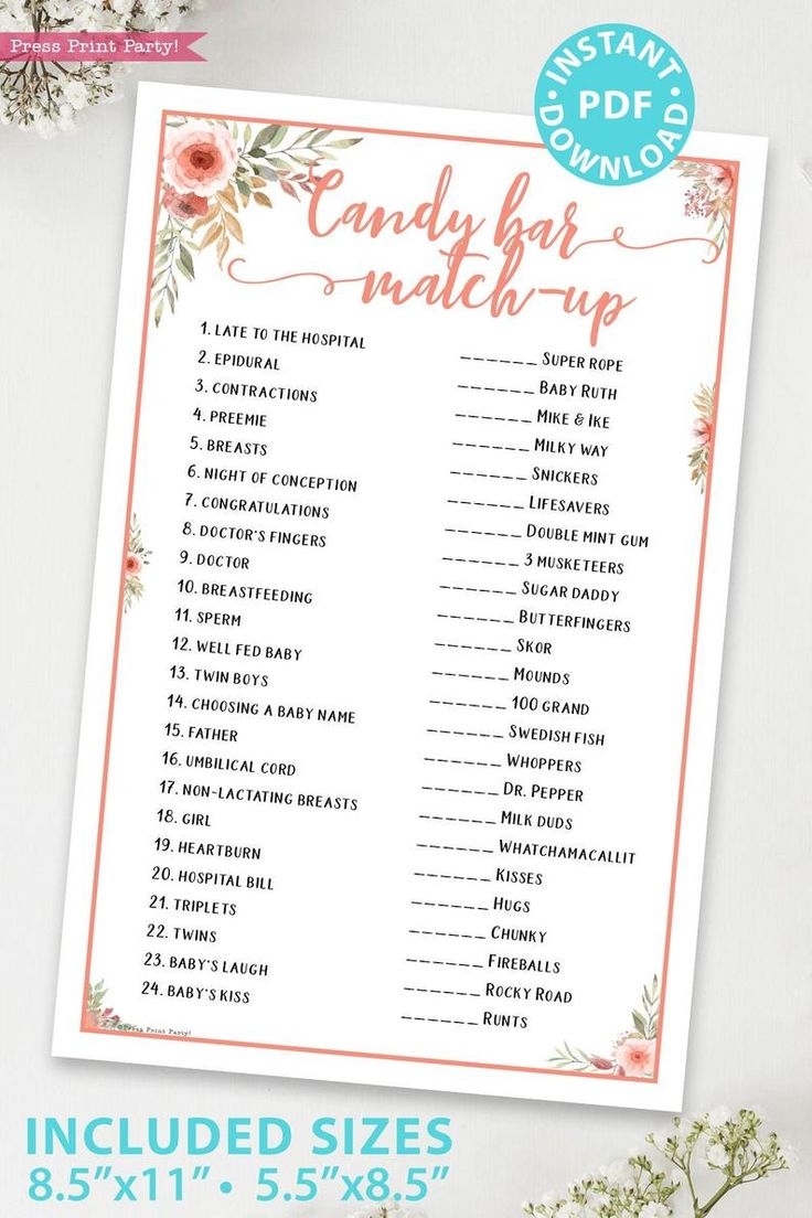 Candy Bar Match up Baby Shower Game Printable Peach Flower Baby Shower Game Template Funny Baby Shower Activities Girl INSTANT DOWNLOAD Etsy