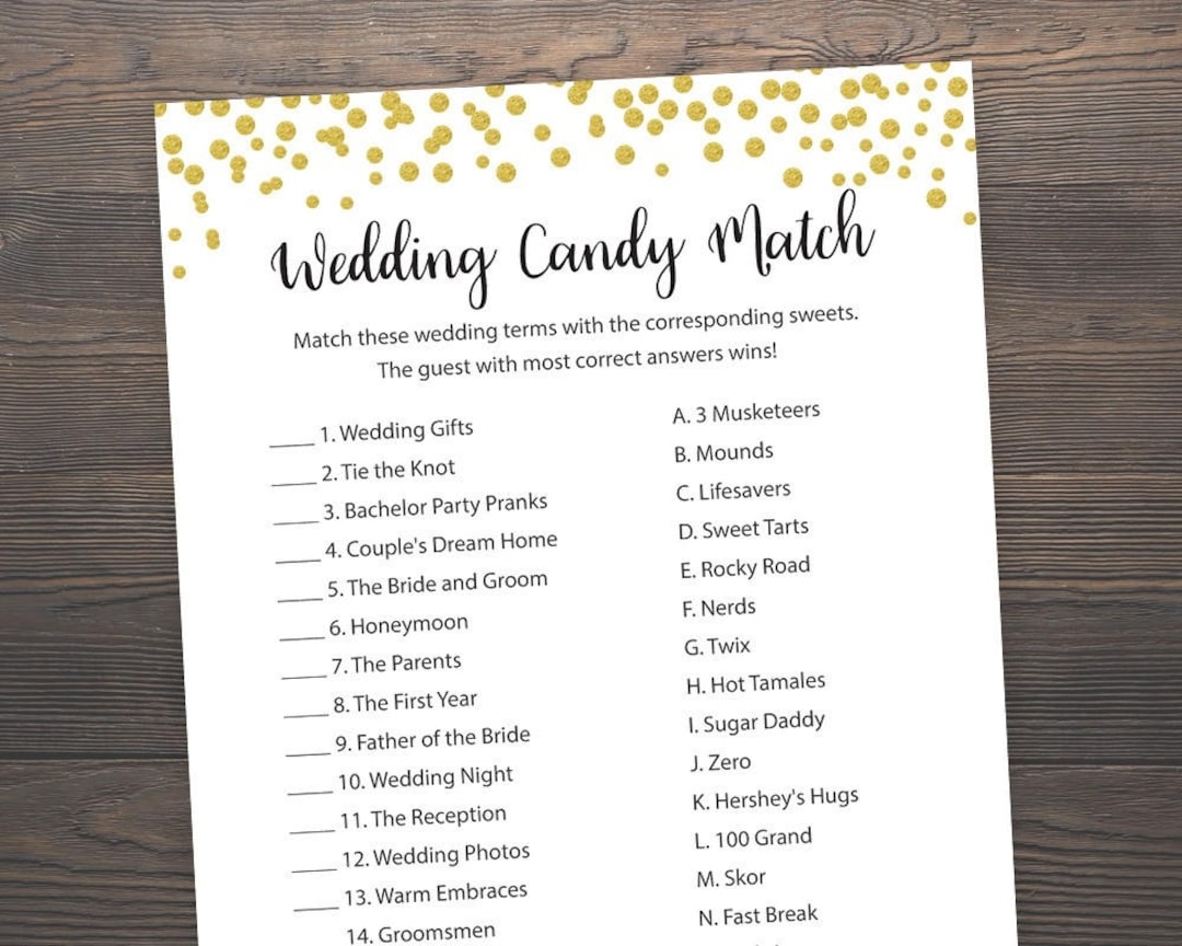 Candy Bar Matching Game Bridal Shower Games Wedding Candy Match Gold Confetti Candy Game Gold Bridal Shower Games Printable J001 Etsy