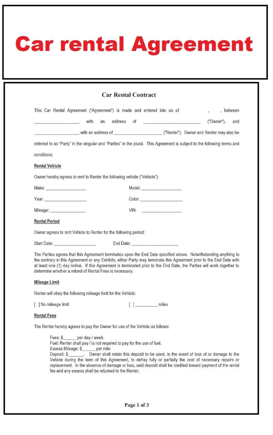Car Rental Agreement Vehicle Rental Agreement Car Rentals Contract Editable Word And PDF File Instant Download Etsy