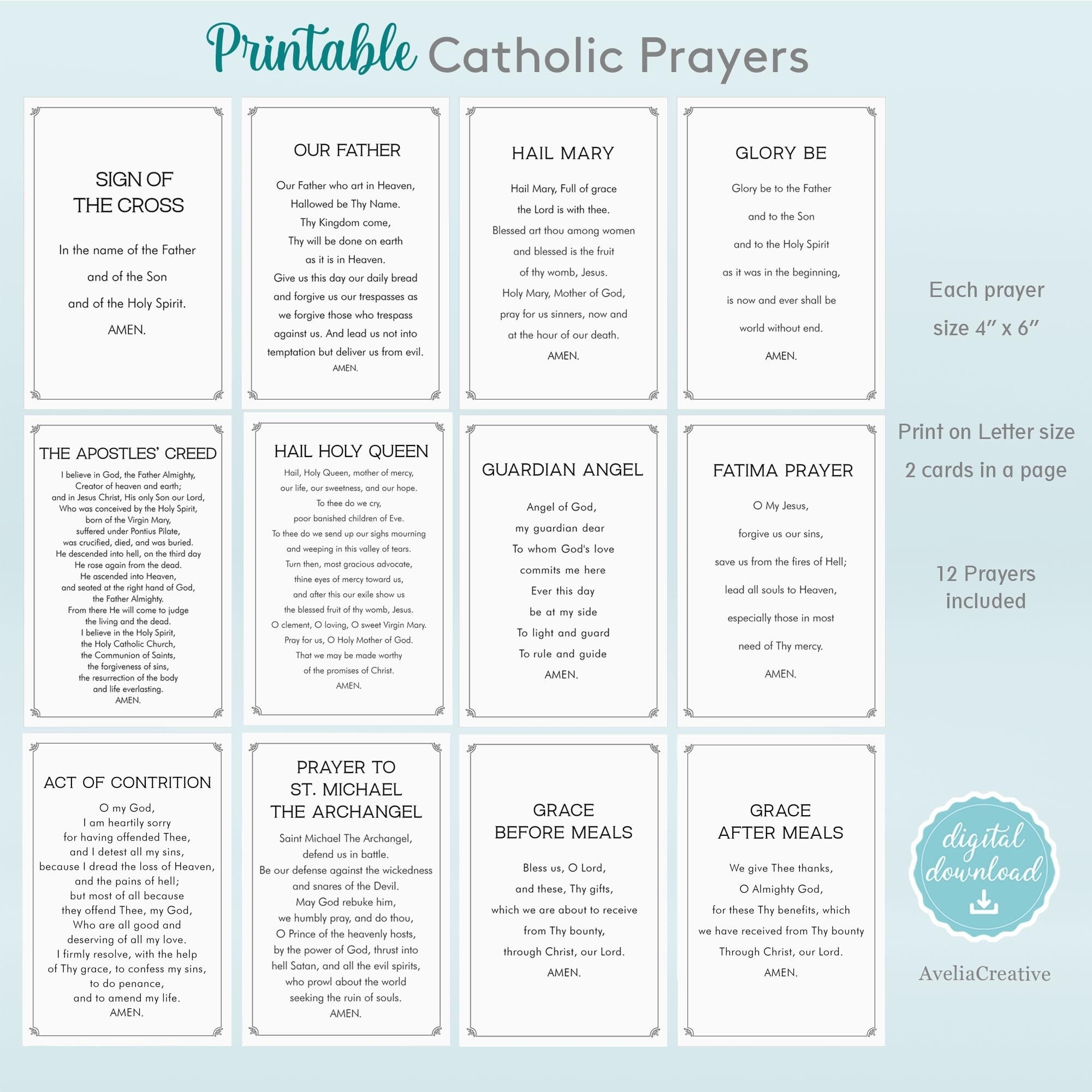 Catholic Prayers Card Bundle Instant Download Printable Catholic Prayers For Kids Our Father Hail Mary Glory Be Grace Before After Meals Etsy