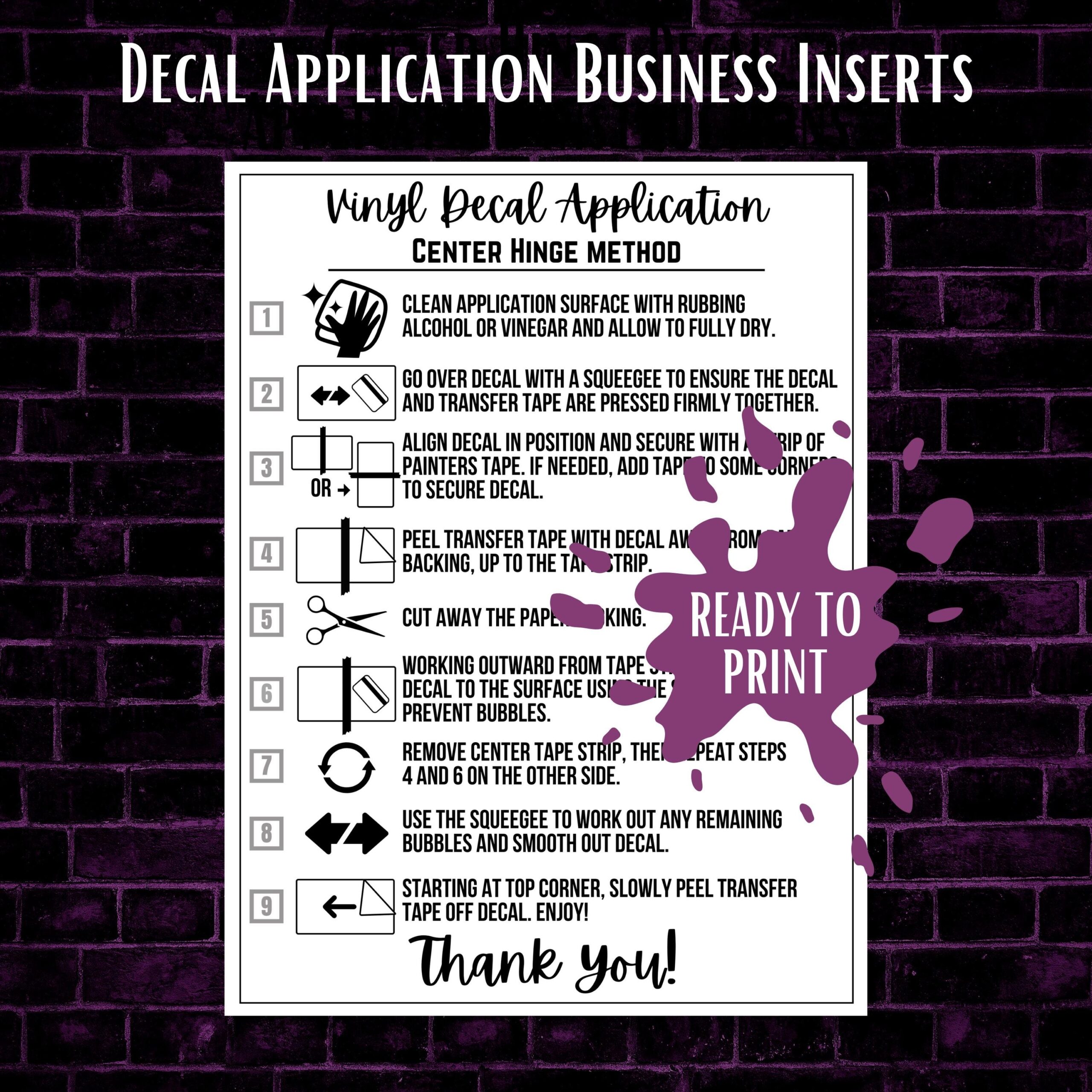 Center Hinge Vinyl Decal Application Instructions Instant Download Ready To Print Business Inserts Etsy