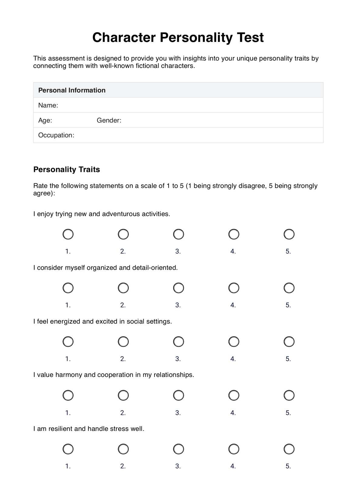Character Personality Test Example Free PDF Download