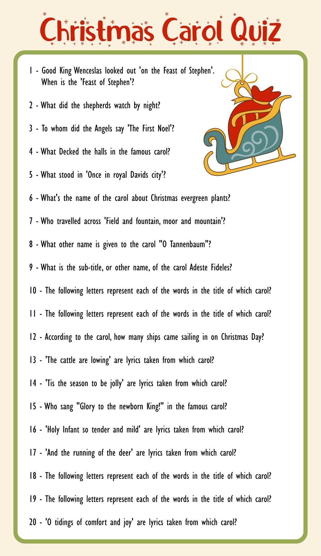 Christmas Song Picture Quiz Printable