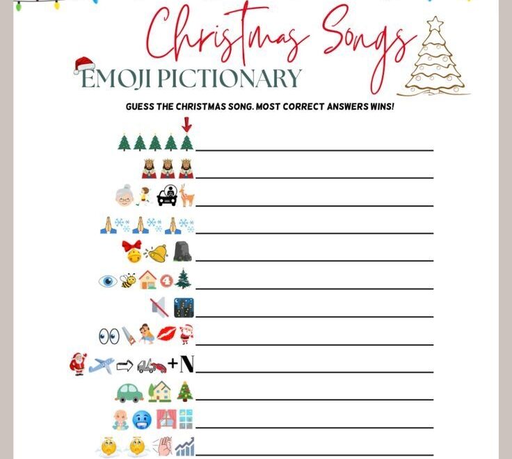 Christmas Songs Emoji Pictionary Printable Guessing Game Xmas Songs Emoji Fun Holiday Family Game