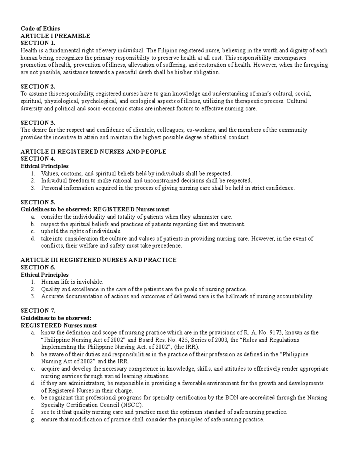 Code of Ethics ETHICS Code Of Ethics ARTICLE I PREAMBLE SECTION 1 Health Is A Fundamental Right Studocu