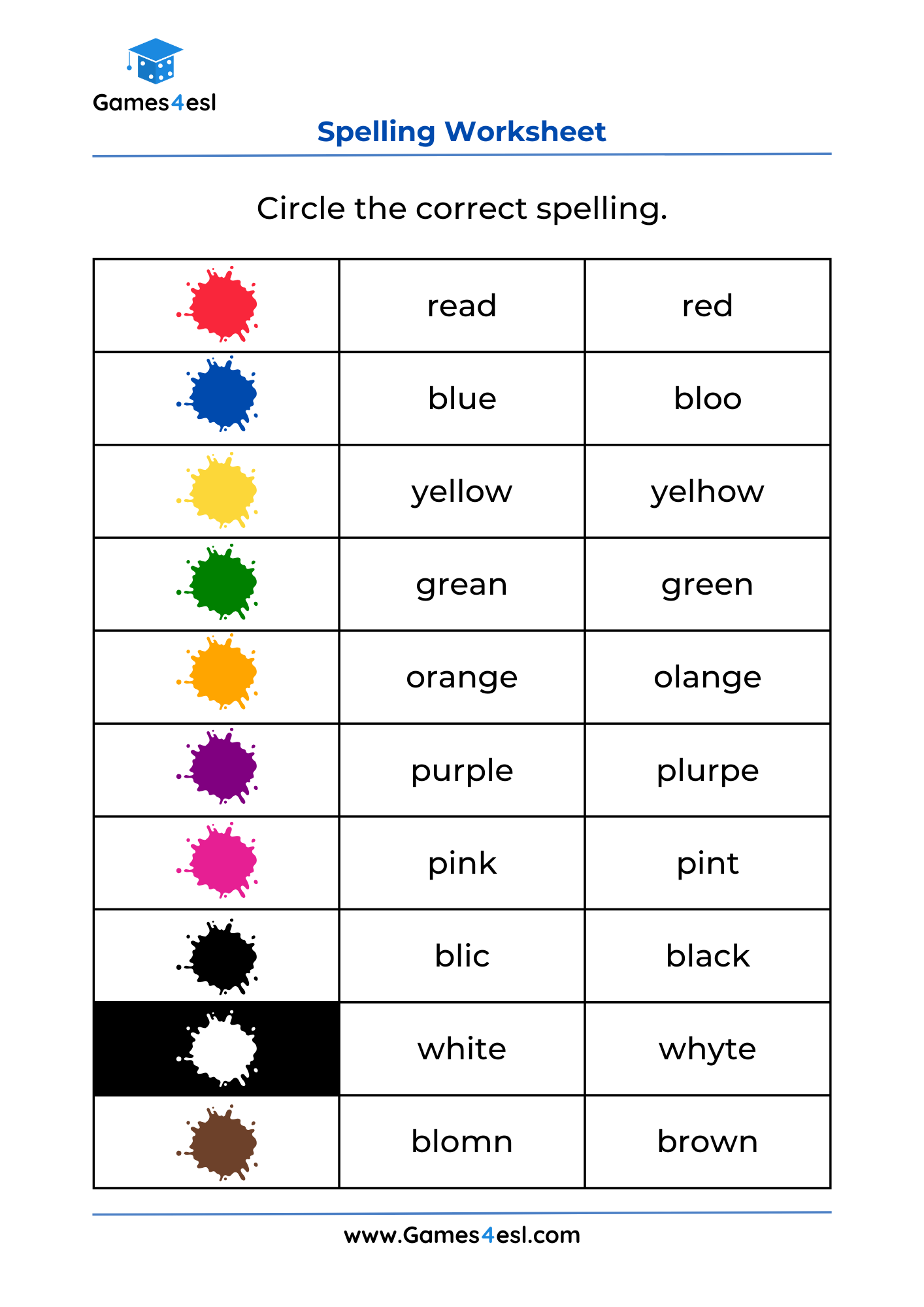 Free Printable Color Name Worksheets