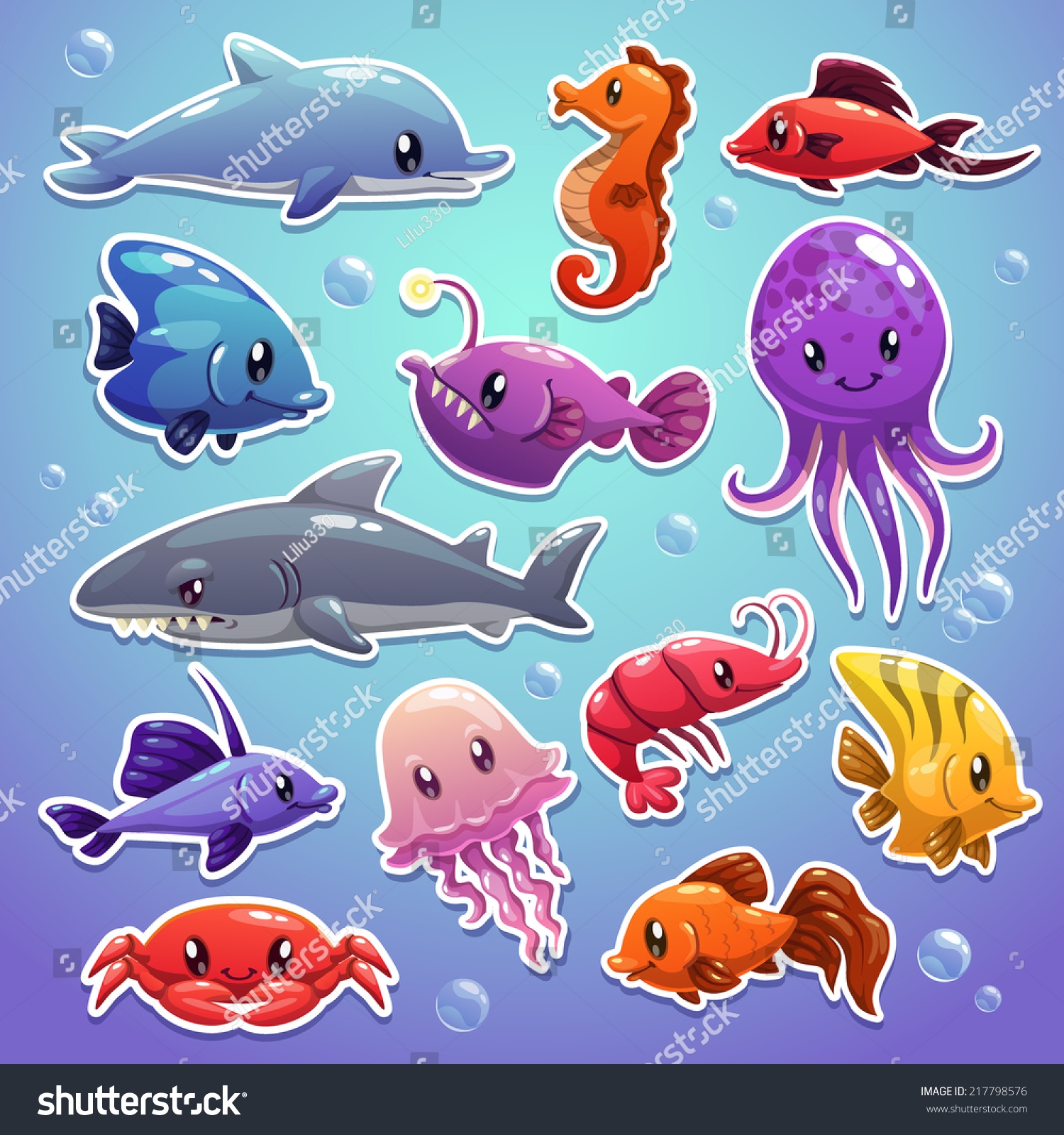 Cute Sea Animals Sticker Illustrations Stock Vector Royalty Free 217798576 Shutterstock