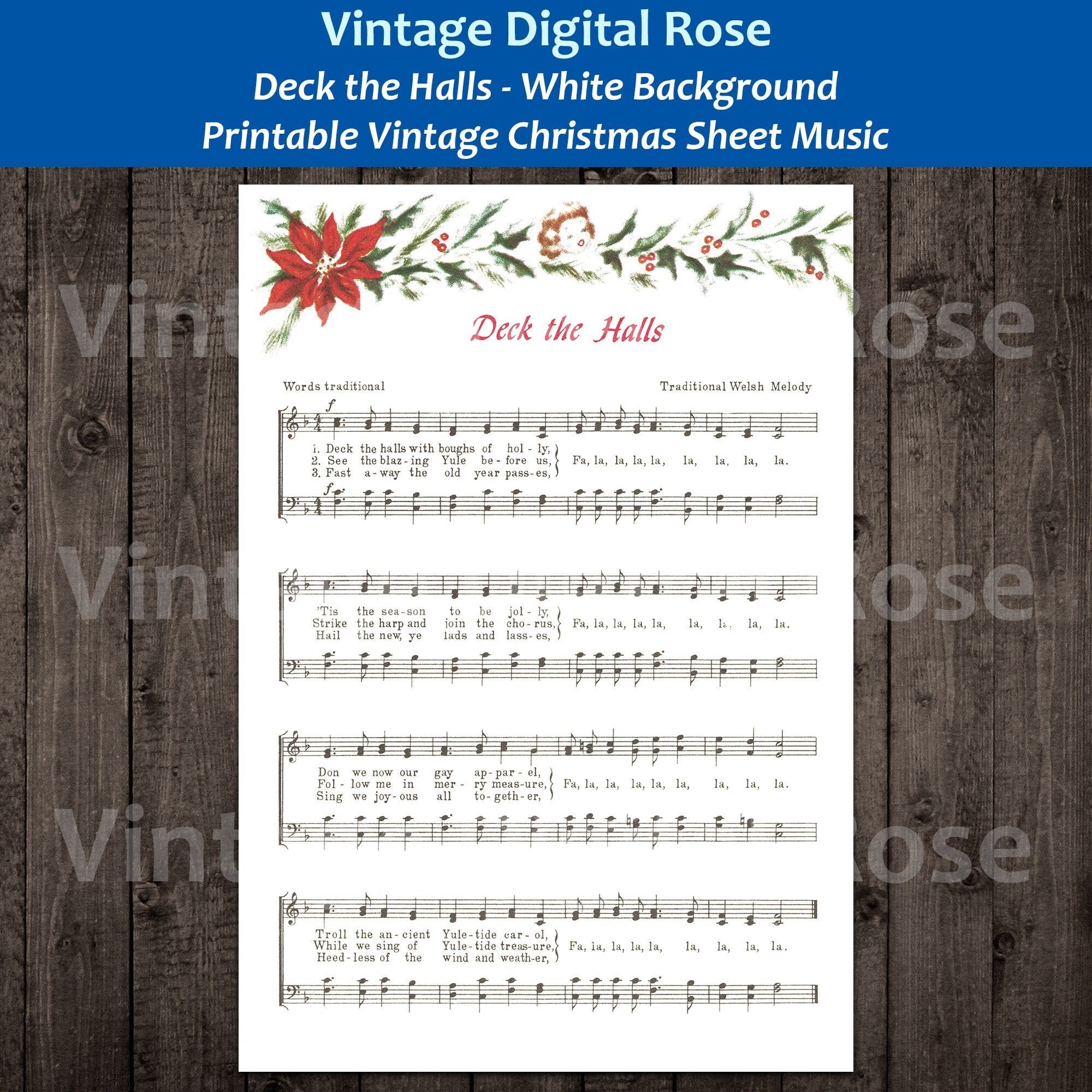 Deck The Hall Halls Printable Vintage Popular Christmas Carol Sheet Music Color Illustration White Background Etsy UK