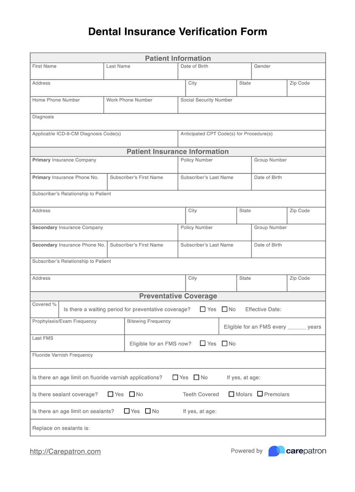 Dental Insurance Verification Form Template Free PDF Download