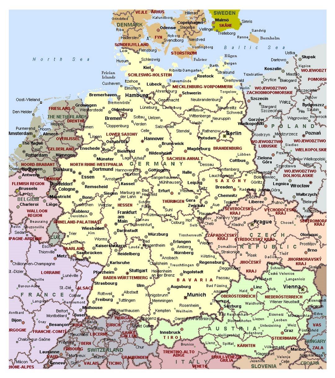 Detailed Political Map Of Germany With Administrative Divisions And Major Cities Germany Europe Mapsland Maps Of The World
