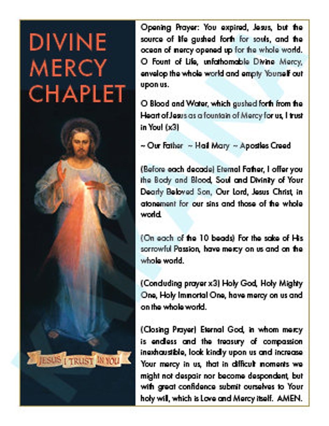 Divine Mercy Chaplet Prayer Card 4 On A Page Downloadable And Printable Catholic Saint Prayer Card Etsy UK