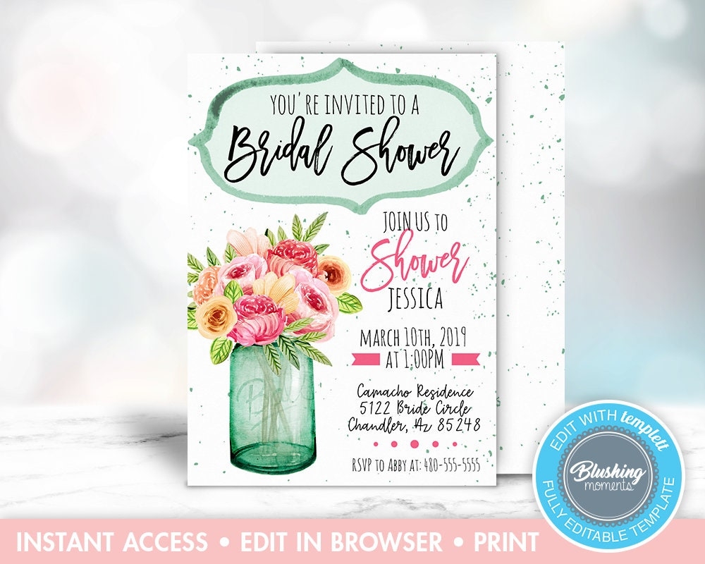 Editable Rustic Bridal Shower Invitation Spring Barn Wedding Shower Invite mason Jar Tiffany Blue Invitations Printable Instant Download Etsy