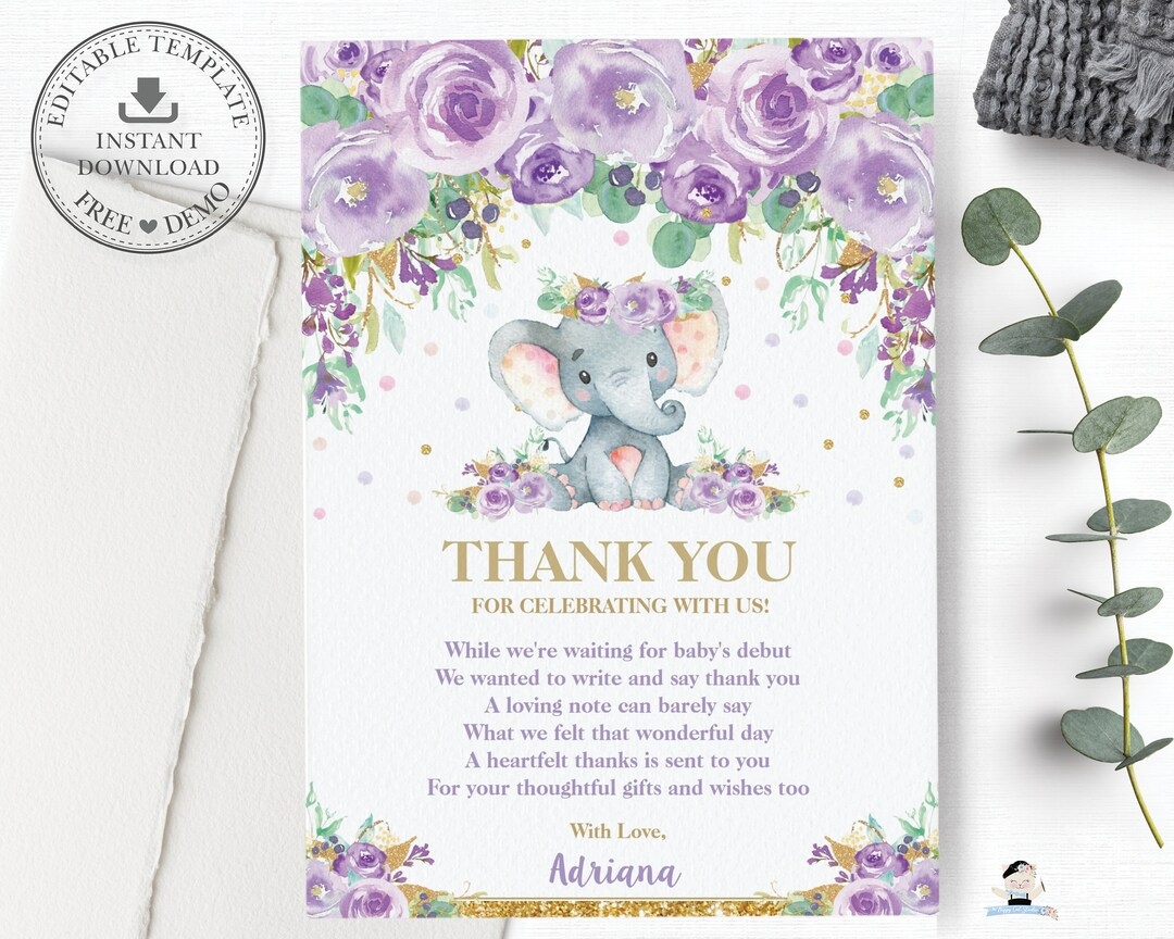 EDITABLE TEMPLATE Elephant Baby Shower Thank You Card Baby Girl Purple Floral Printable Lilac Chic Glitter Gold Whimsical INSTANT EP9 Etsy
