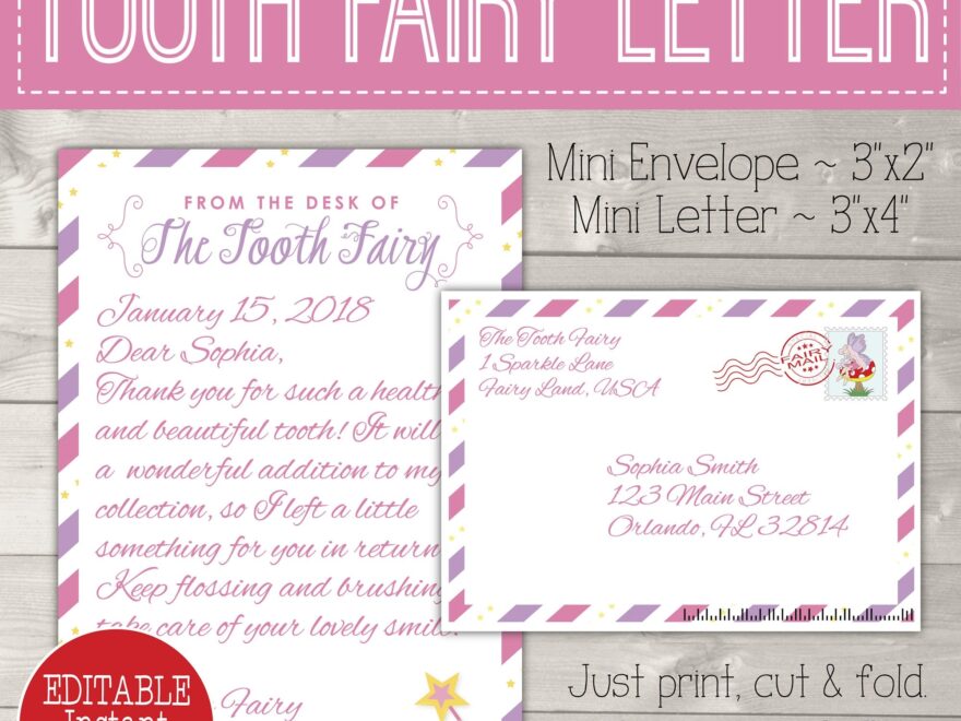 Editable Tooth Fairy Letter With Envelope Printable Pink Purple Stripes Madi Loves Kiwi Digital Downloads