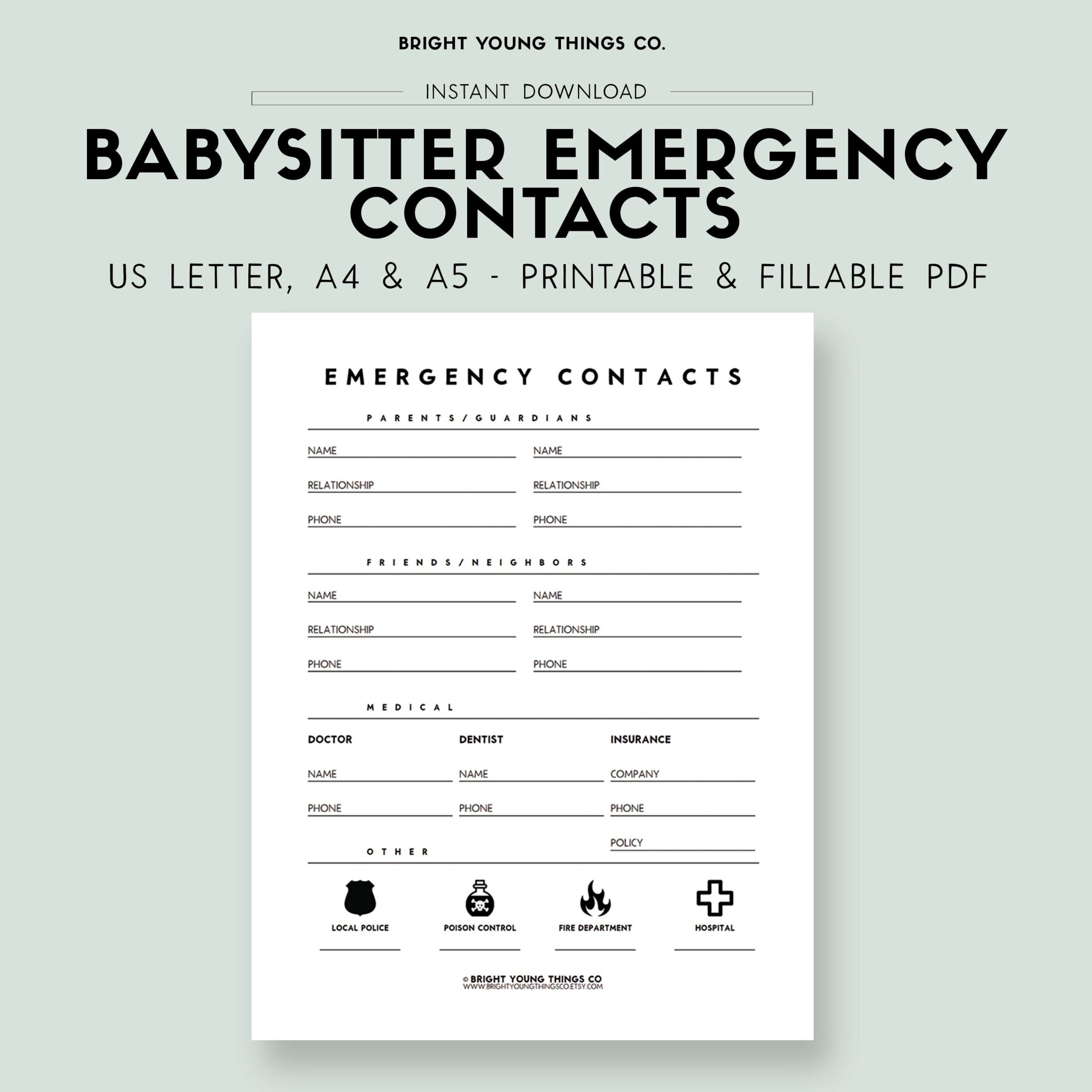 Emergency Contact Info Printable Emergency Contact List Emergency Contact Form Babysitter Guide Printable Emergency Contact Info Etsy