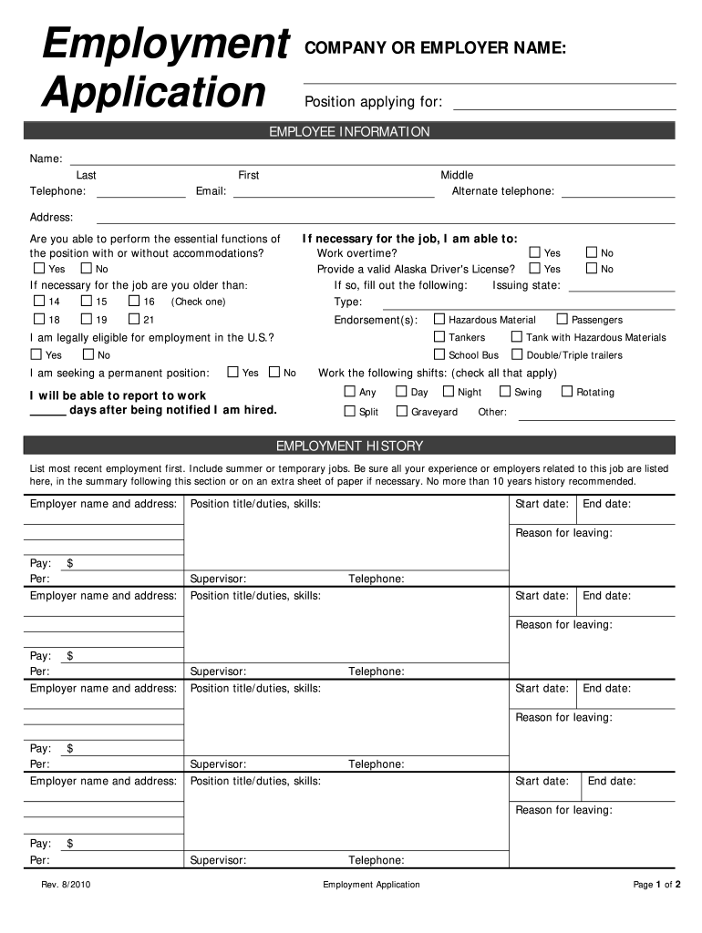 Free Printable Applications For Employment