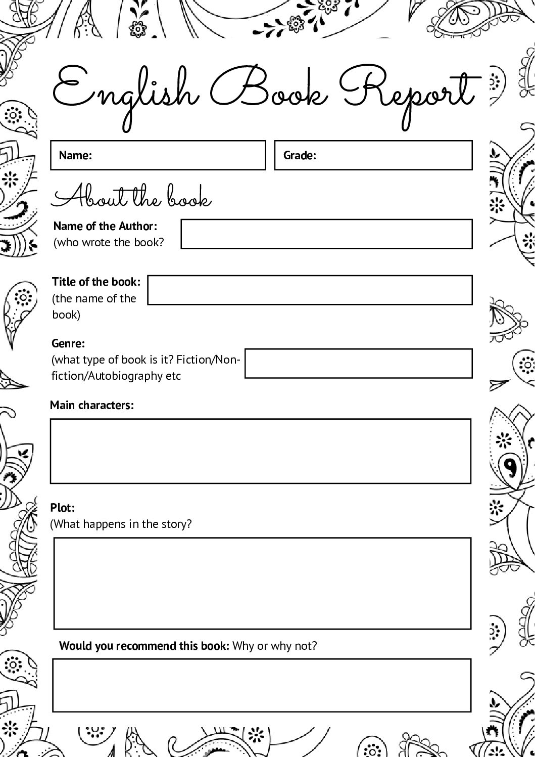English Book Report Template Teacha 