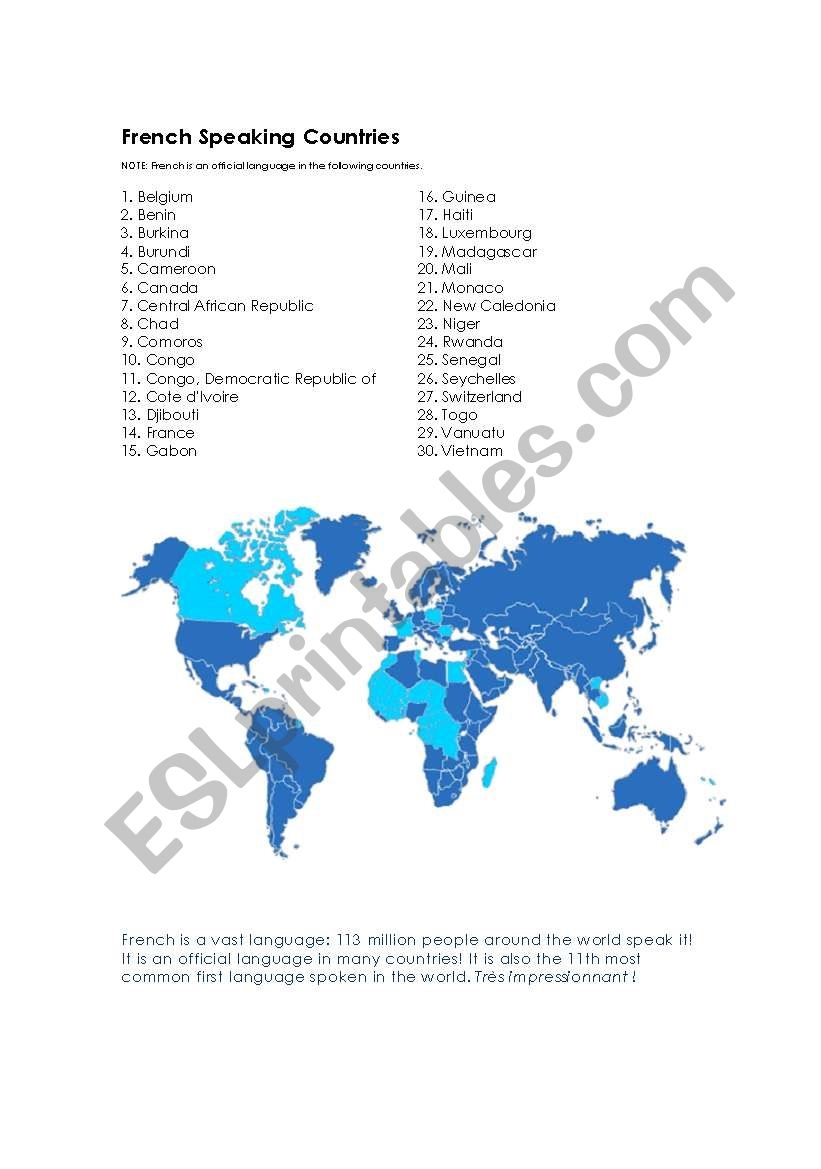 English Worksheets French Speaking Countries