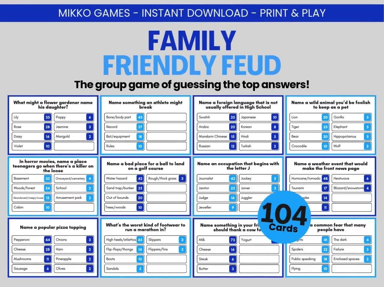 Family Friendly Feud Printable Party Game Downloadable Family Feud Trivia Questions For Adults Kids Fun Group Game Family Game Night Etsy Ireland