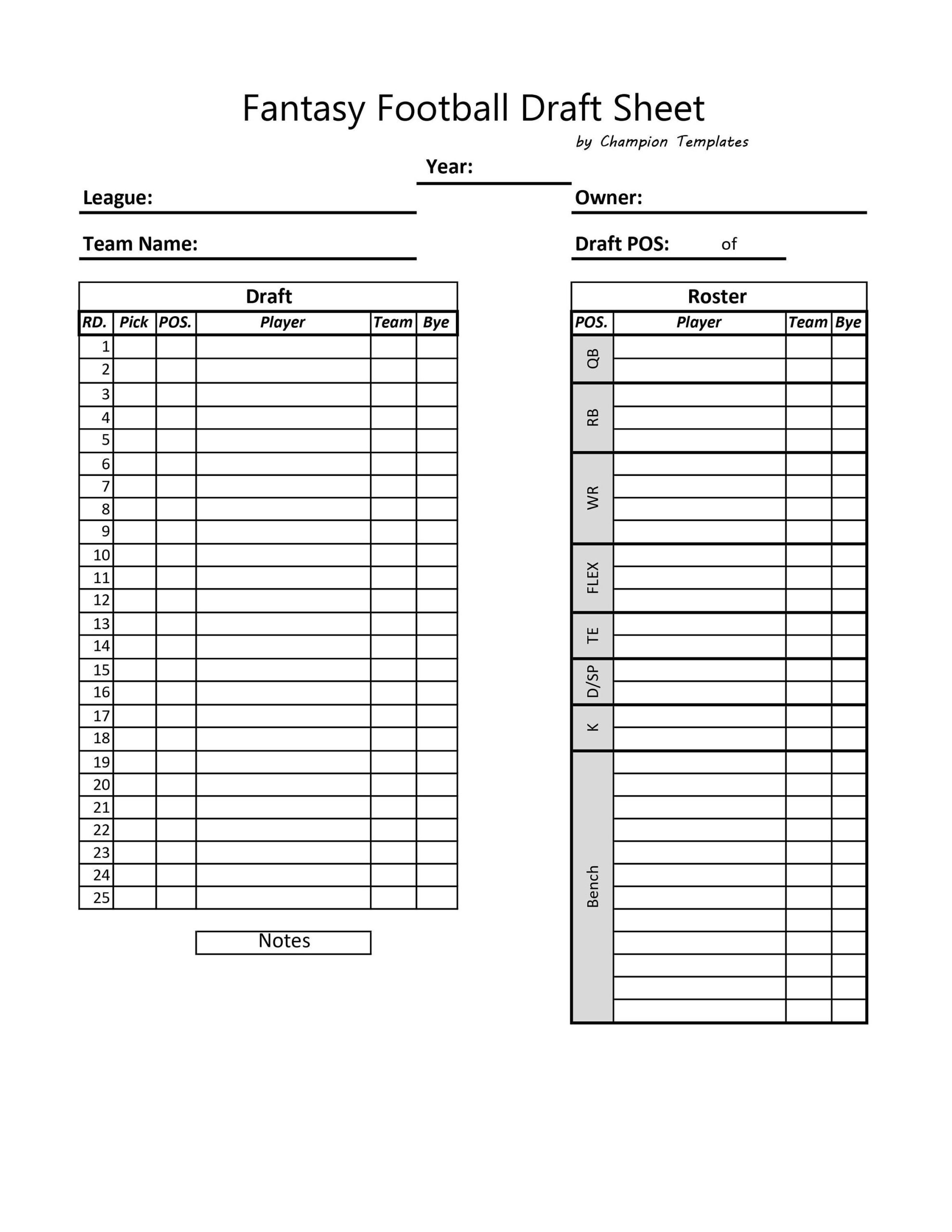 Fantasy Football Draft Day Sheet Template Etsy UK
