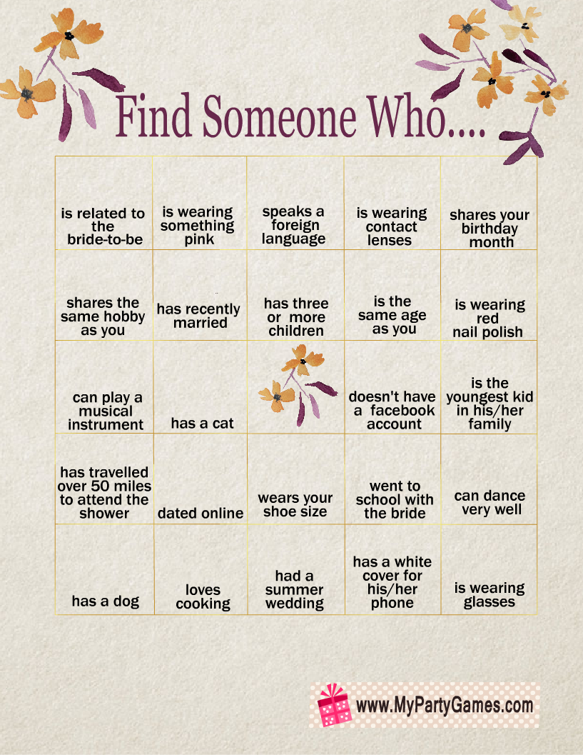 Find The Guest Bingo Free Printable Bridal Shower Game