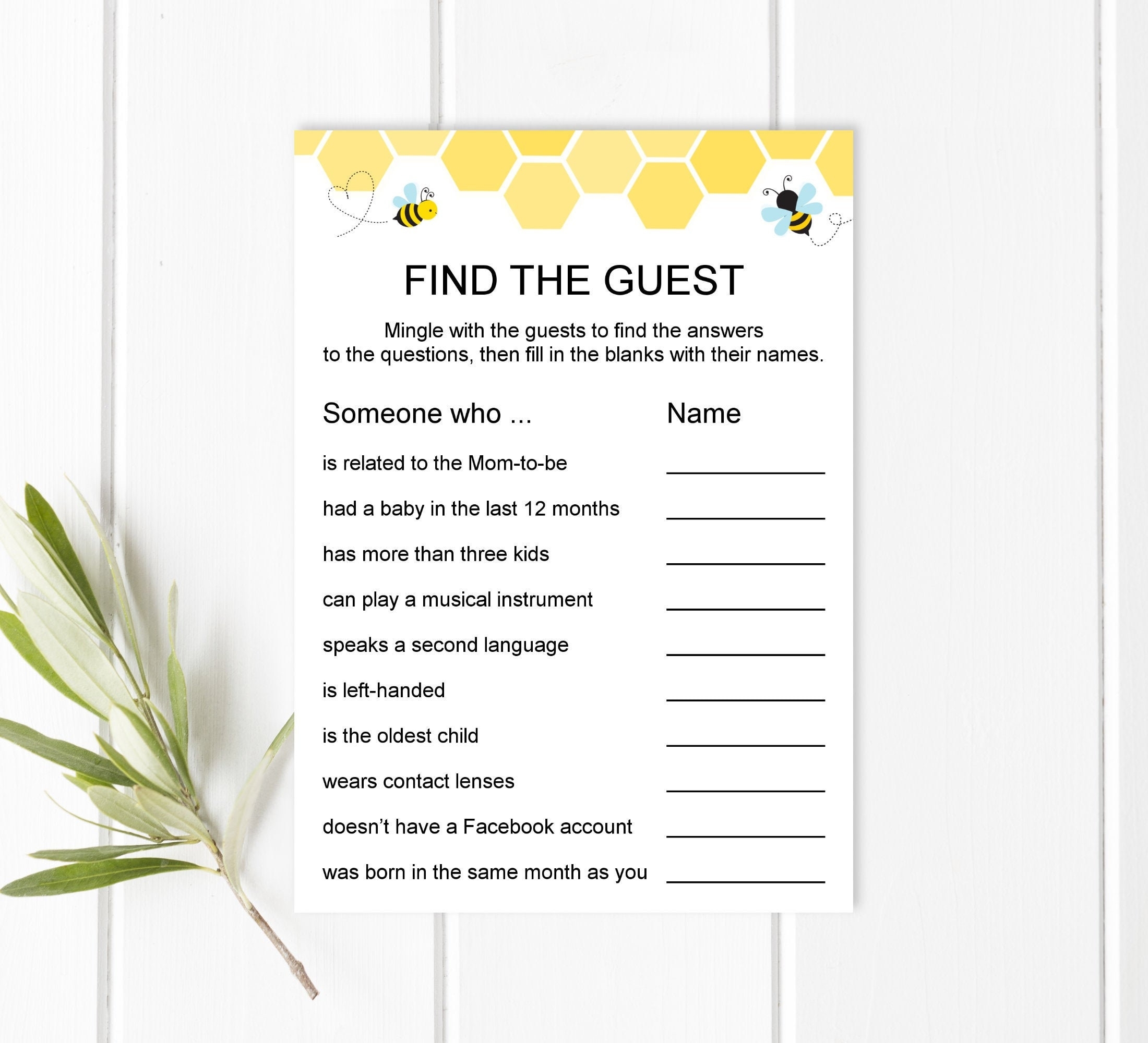 Find The Guest Bumble Bee Baby Shower Game Printable Mommy To Bee Baby Shower Icebreaker Game Honey Bee NOT Editable C61 Etsy