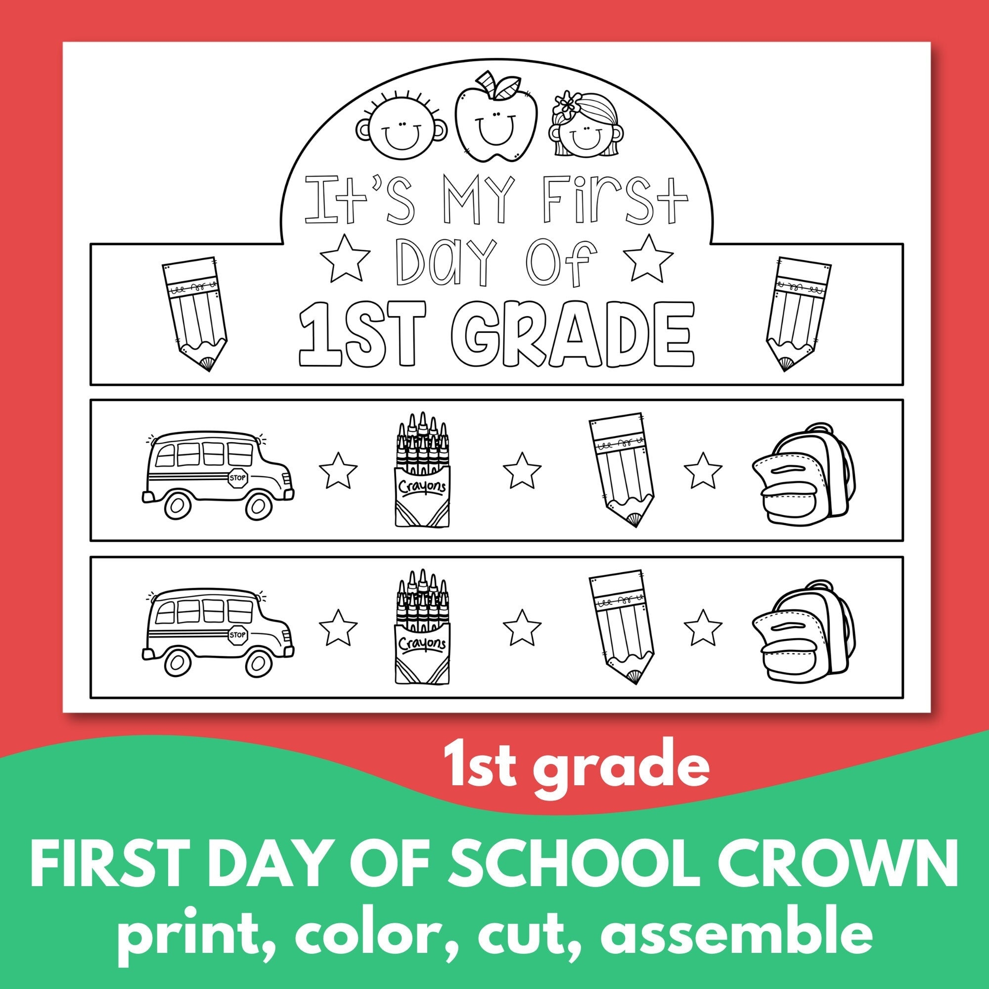 First Day Of 1st Grade Crown Printable First Grade Printables Back To School Headband Etsy